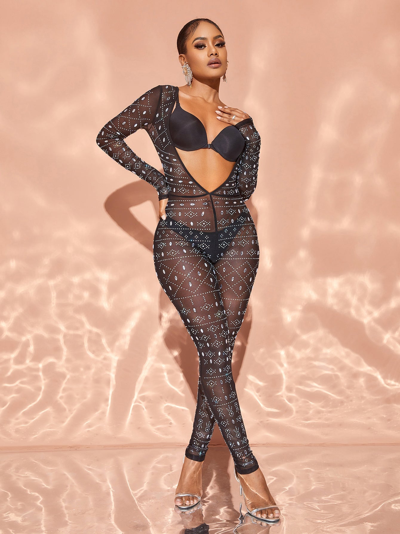 Rhinestone Detail Plunging Neck Sheer Mesh Jumpsuit