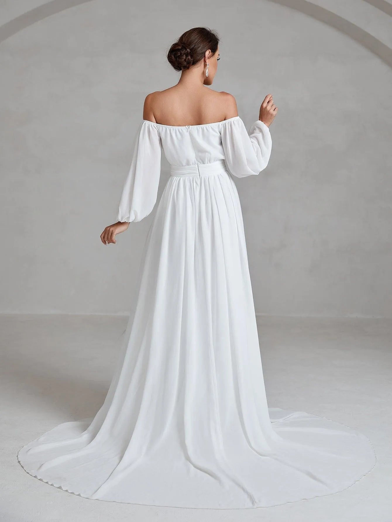 Off Shoulder Lantern Sleeves Chiffon Wedding Dress