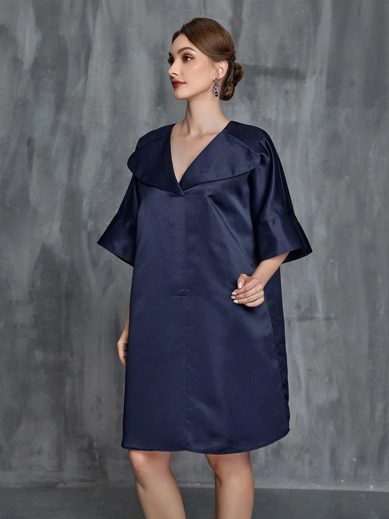 Womens' Solid Half Sleeves Satin Midi Dress