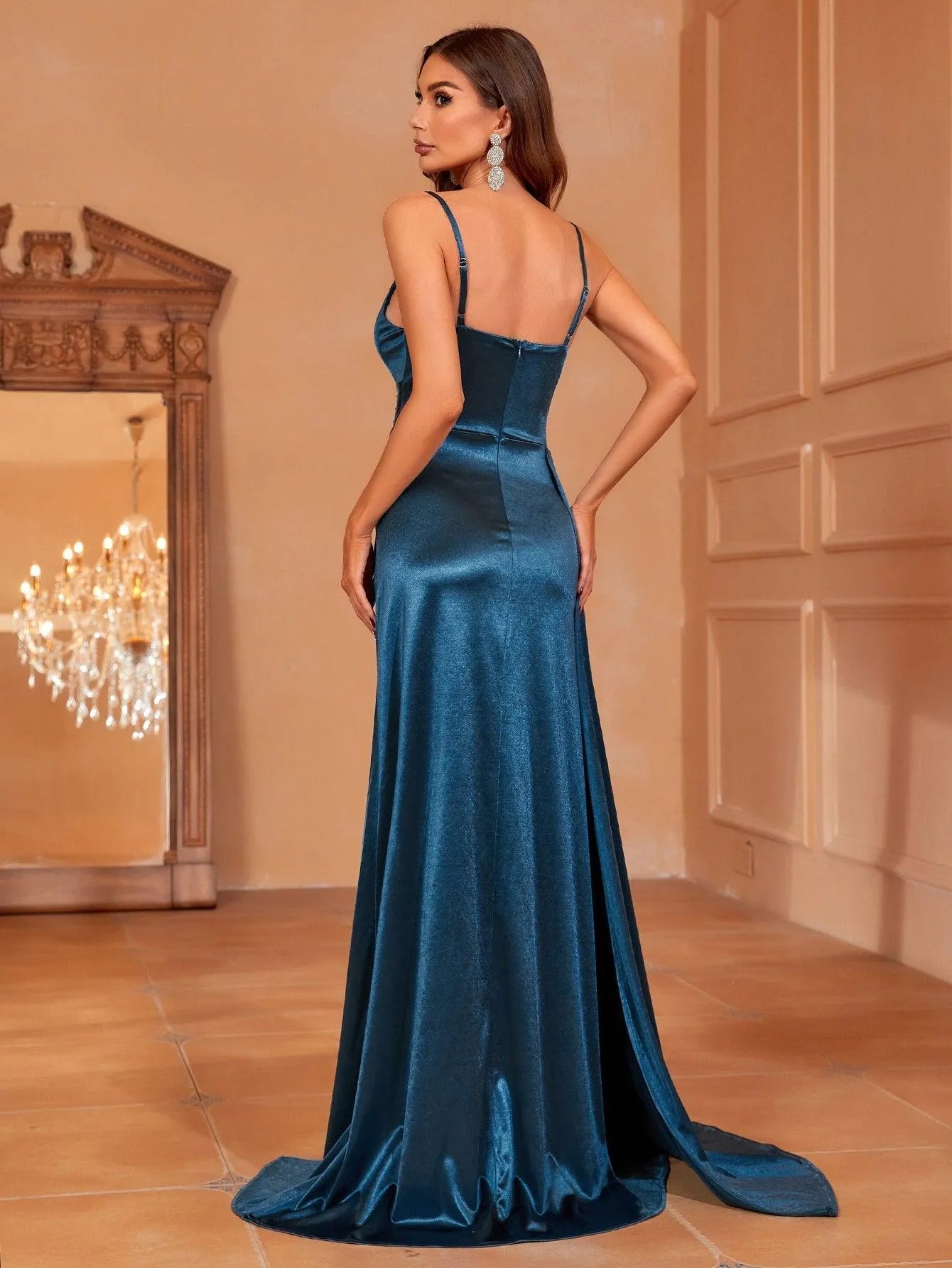 Elegant Ruched Side Draped Satin Cami Dress