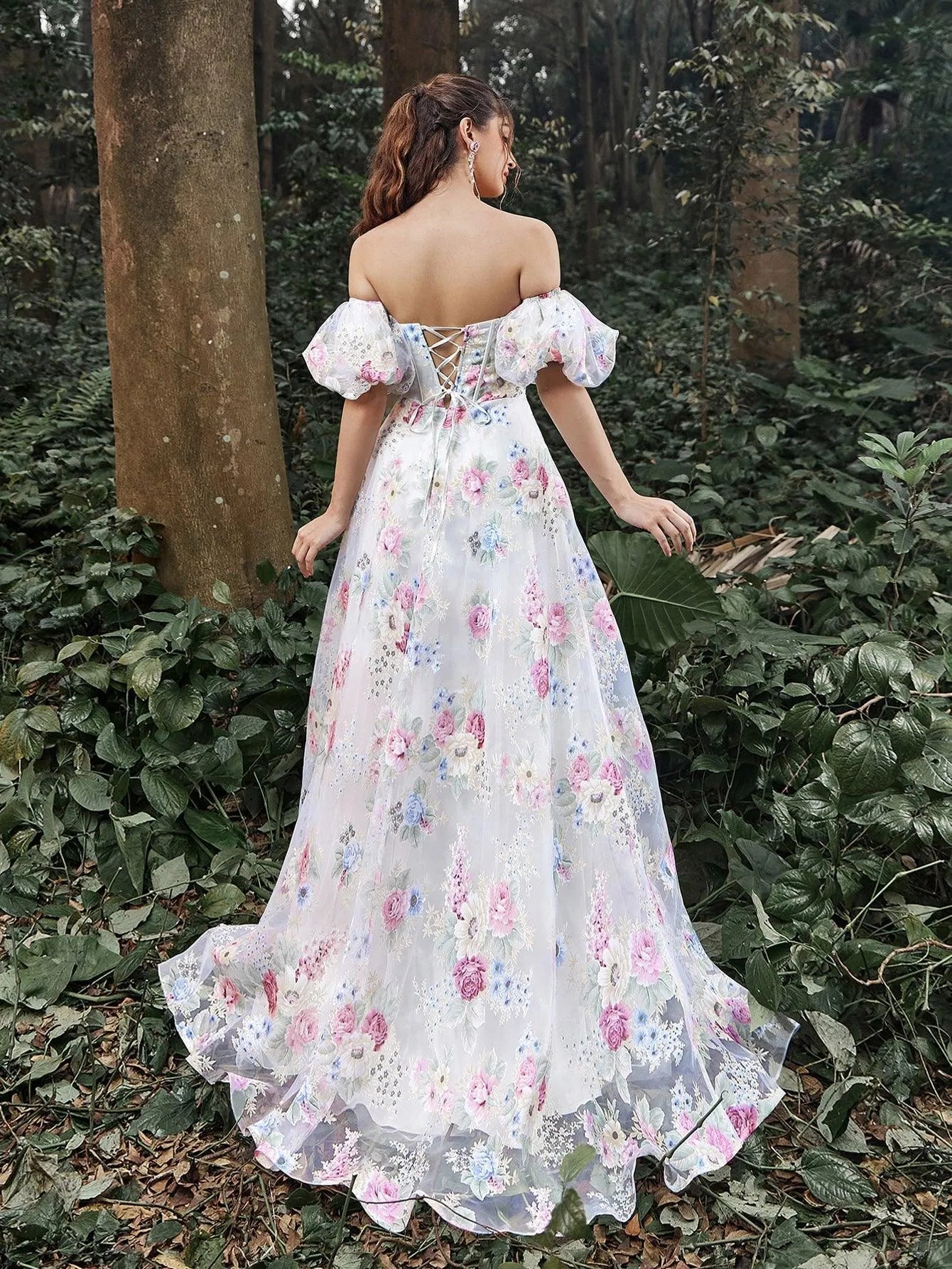 Elegant Off Shoulder Puff Sleeves Floral Printed Organza Prom Dress