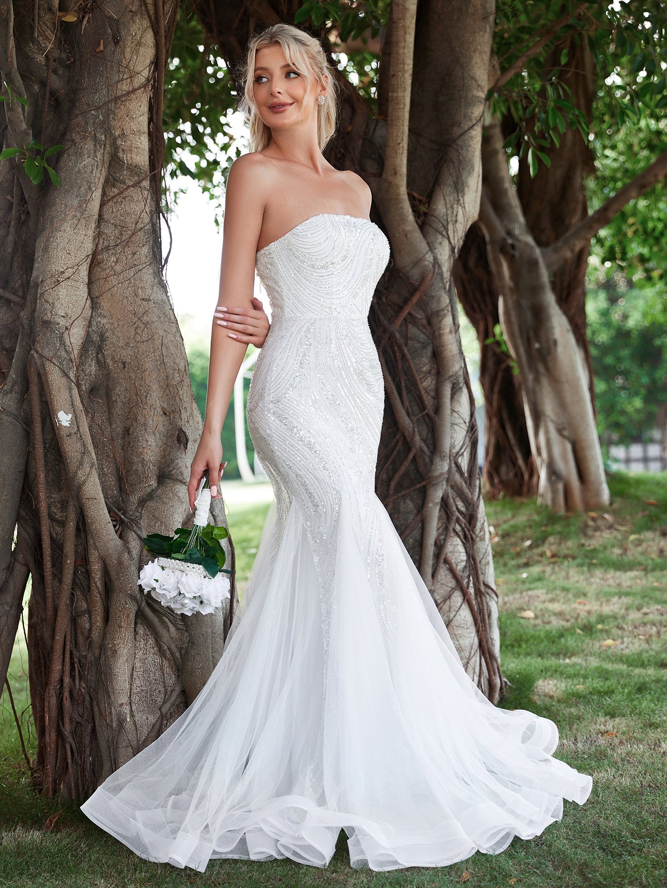 Elegant Mesh Insert Mermaid Hem Sequin Tube Wedding Dresses