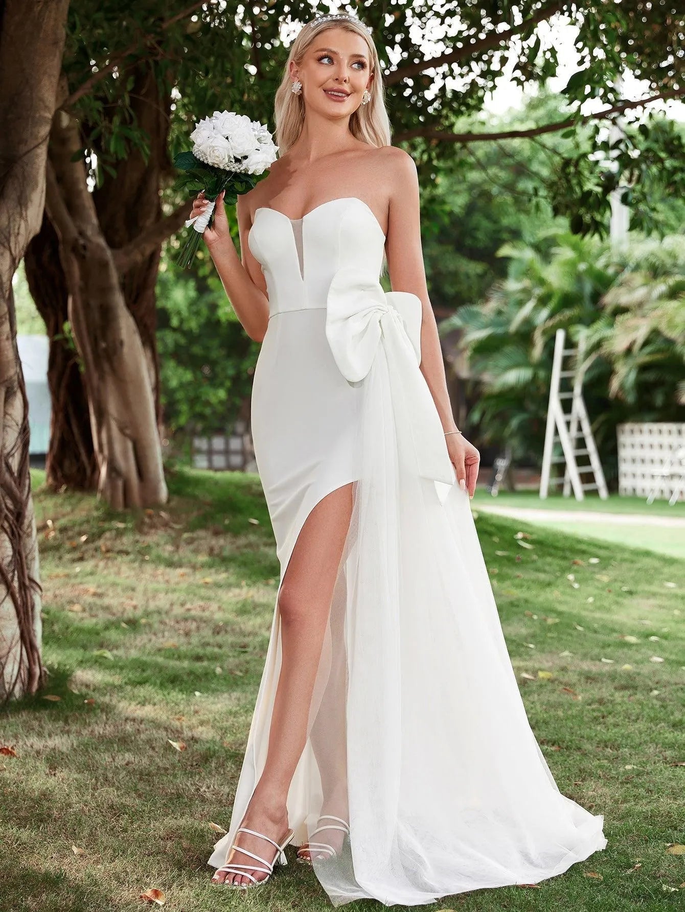 Draped Side Split Thigh Tube Wedding Dress