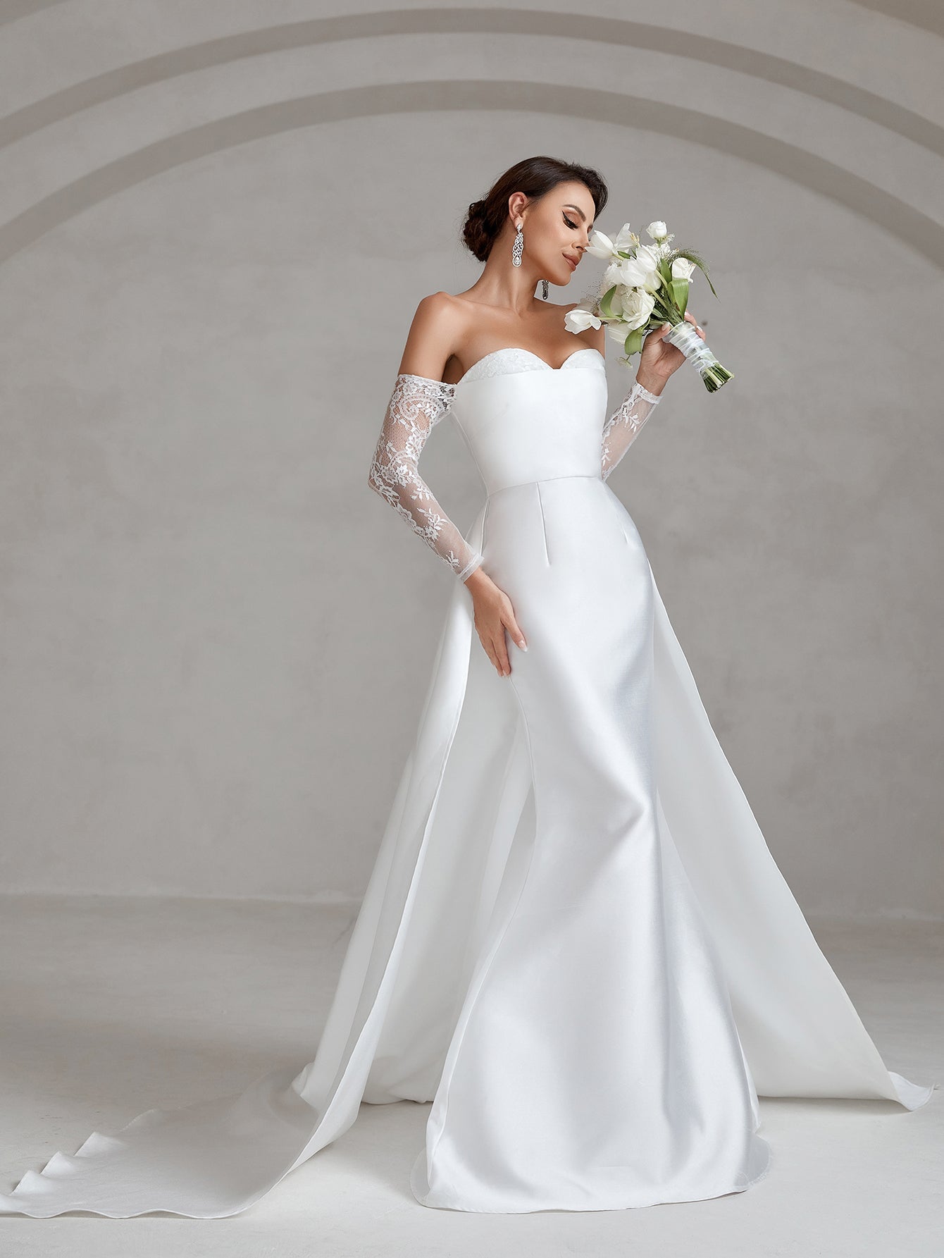 Off Shoulder Lace Sleeve Satin Mermaid Hem Wedding Dress