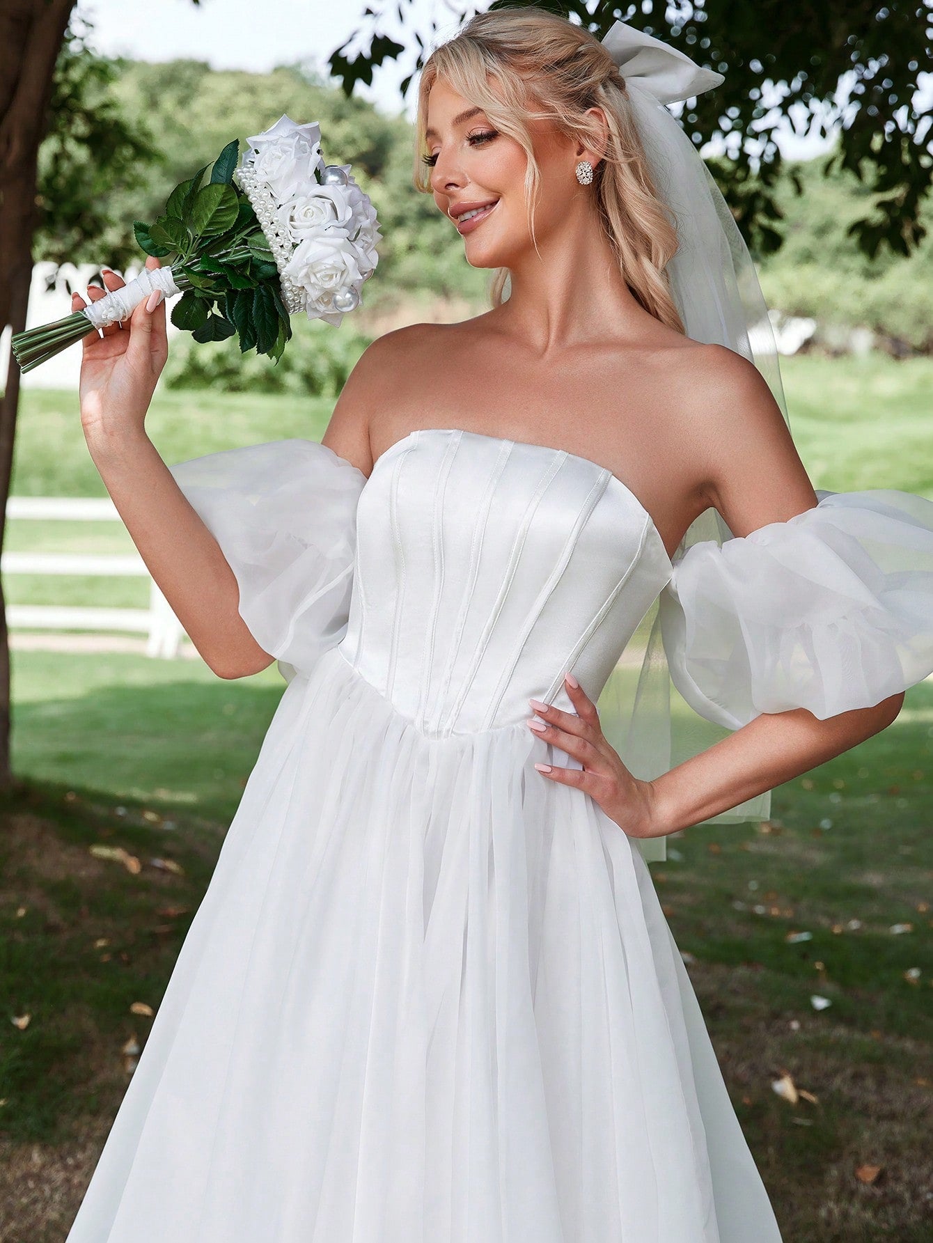 Satin Bodice Contrast Organza Hem Tube Wedding Dresses