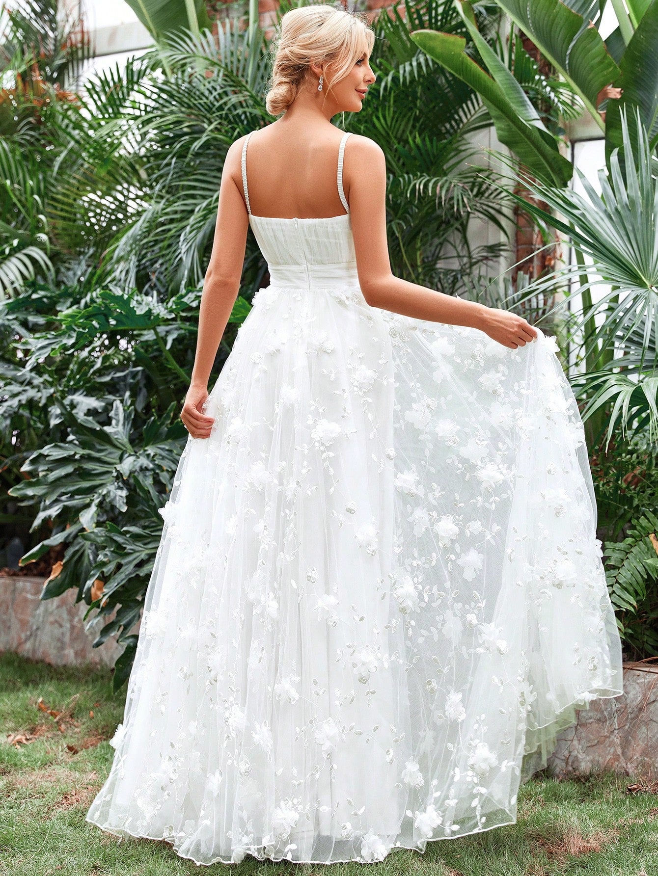 Plunging Neck Floral Applique Mesh Cami Wedding Dress