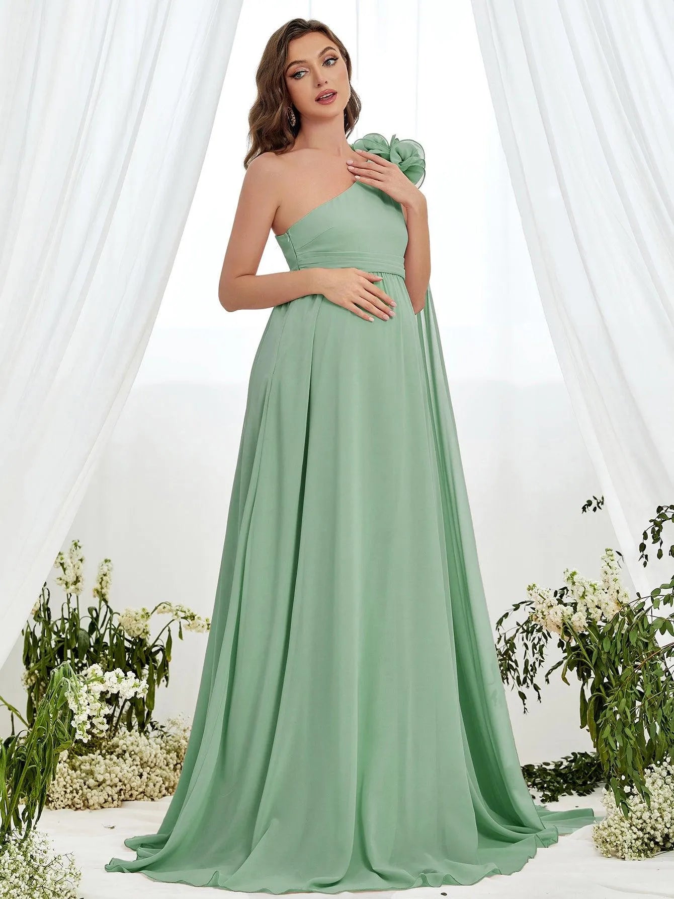 Maternity Stereo Flower Decor One Shoulder Chiffon Dress