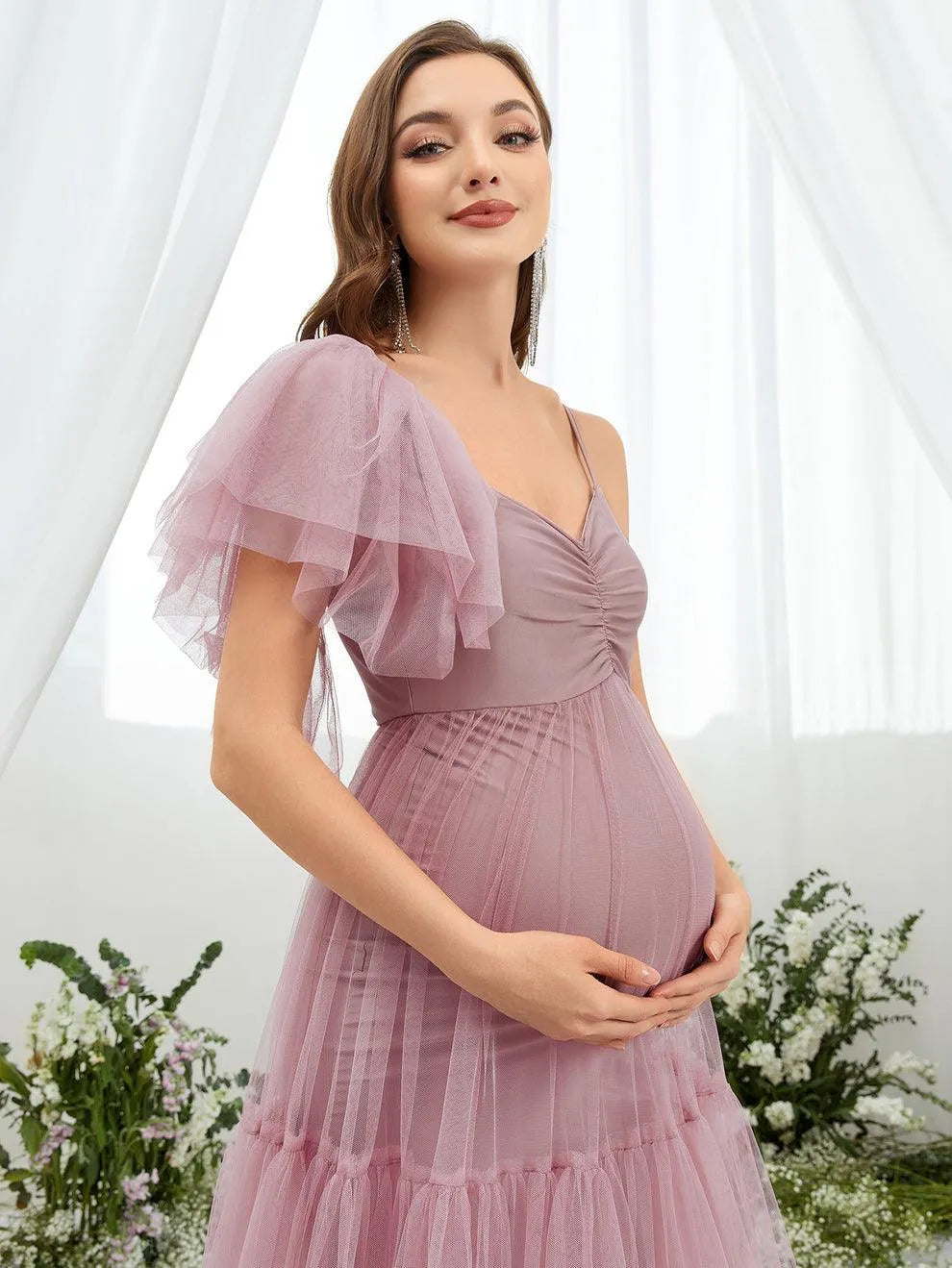 Maternity Ruched Bust Layered Hem Mesh Ruffle Cami Dress