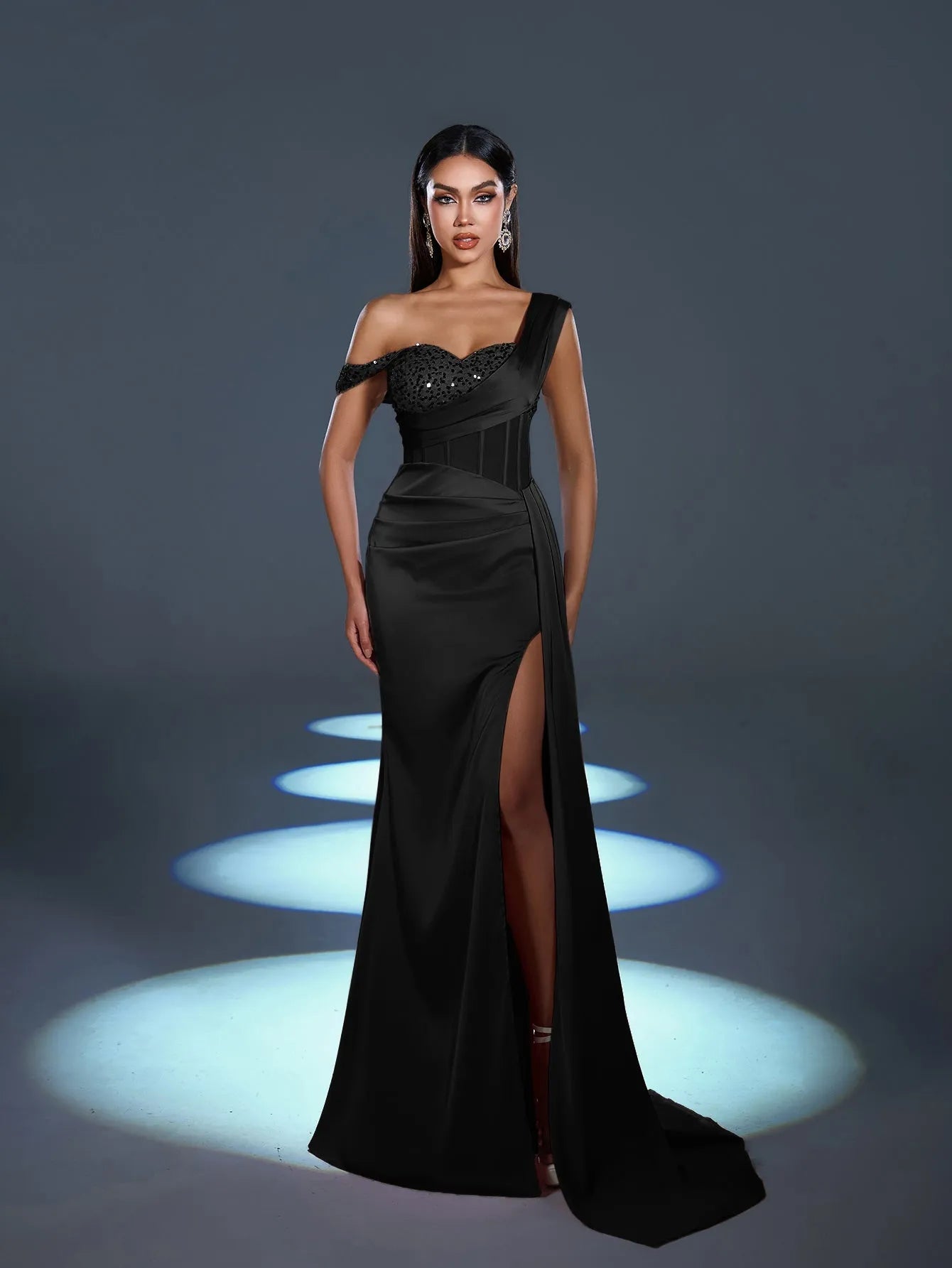 Elegant Asymmetrical Neck Split Mermaid Hem Satin Evening Dress