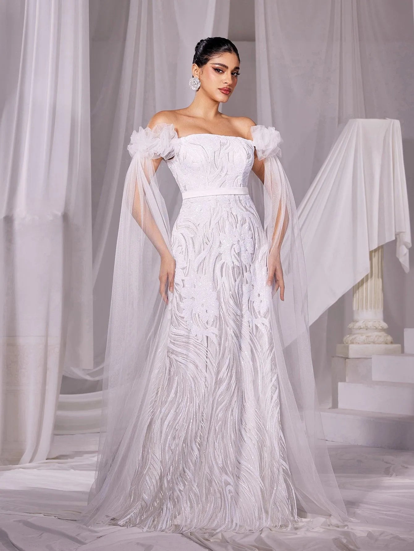 Elegant Off Shoulder Cloak Sleeves Wedding Dress