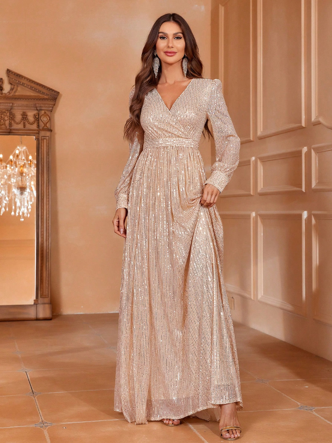 Elegant V Neck Lantern Sleeve Sequin A Line Dresses