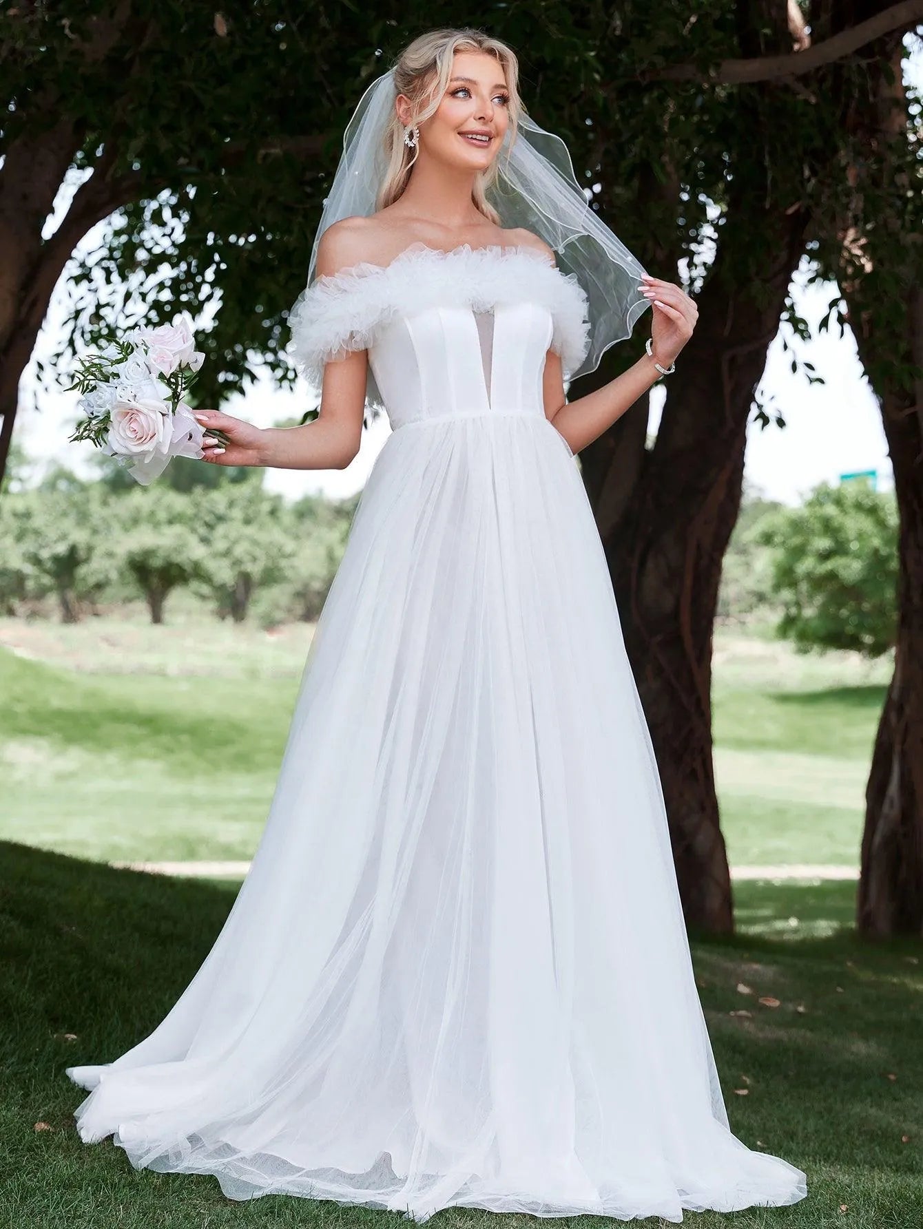 Ruffle Trim Off Shoulder A Line Wedding Dress