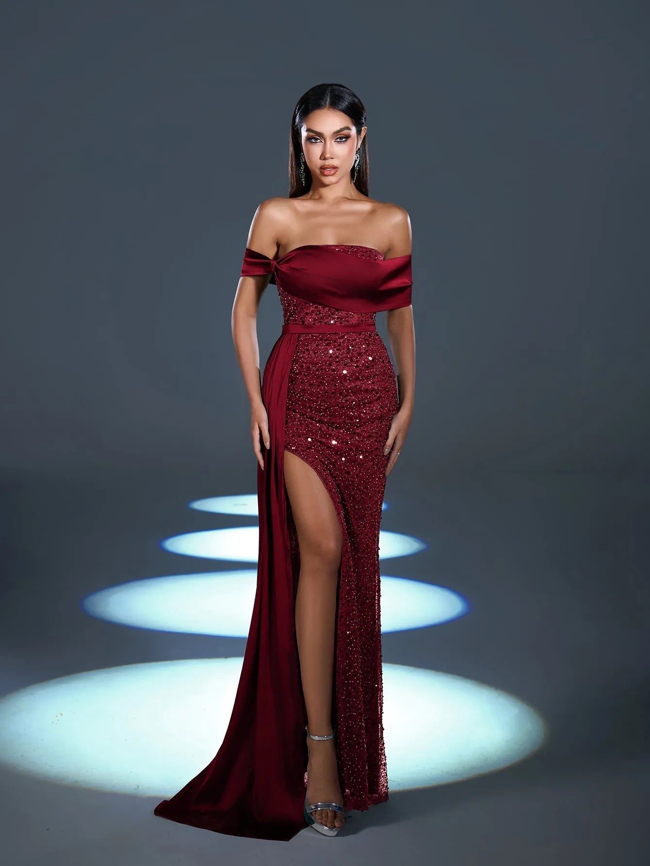 Elegant Off Shoulder Draped Side Split Mermaid Hem Sequin Evening Dress