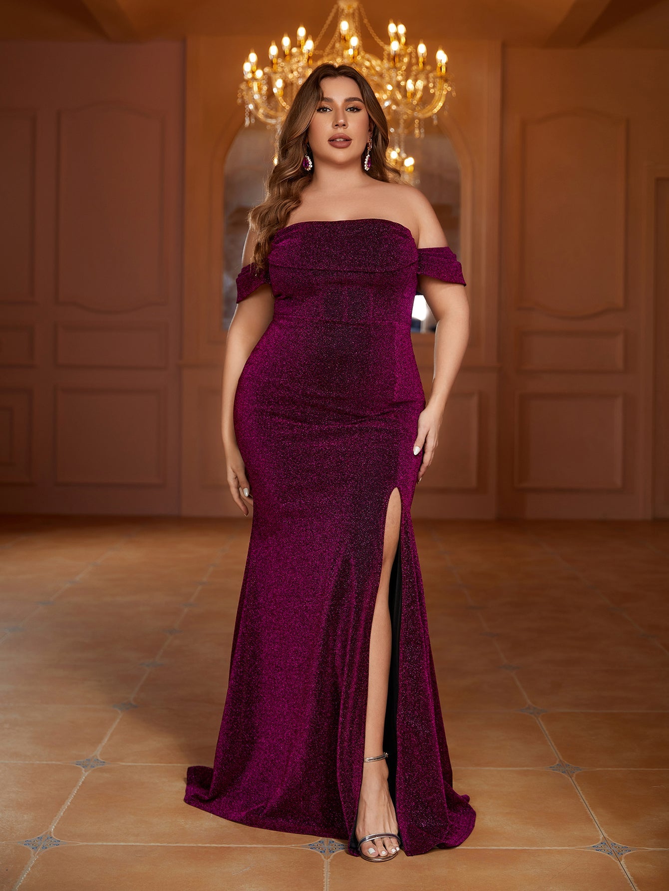 Plus Glitter Off Shoulder Split Mermaid Hem Evening Dress