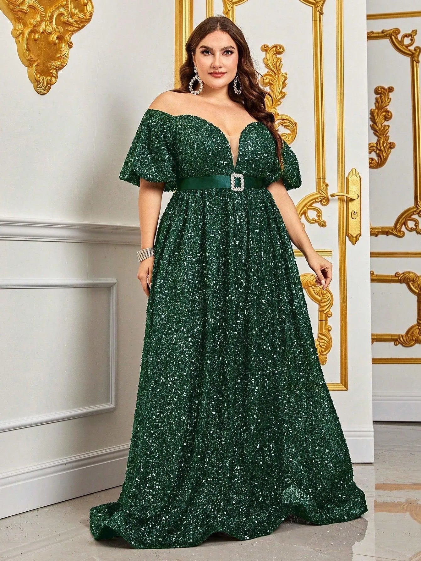 Plus Off Shoulder Puff Sleeves Sequin Formal Dress