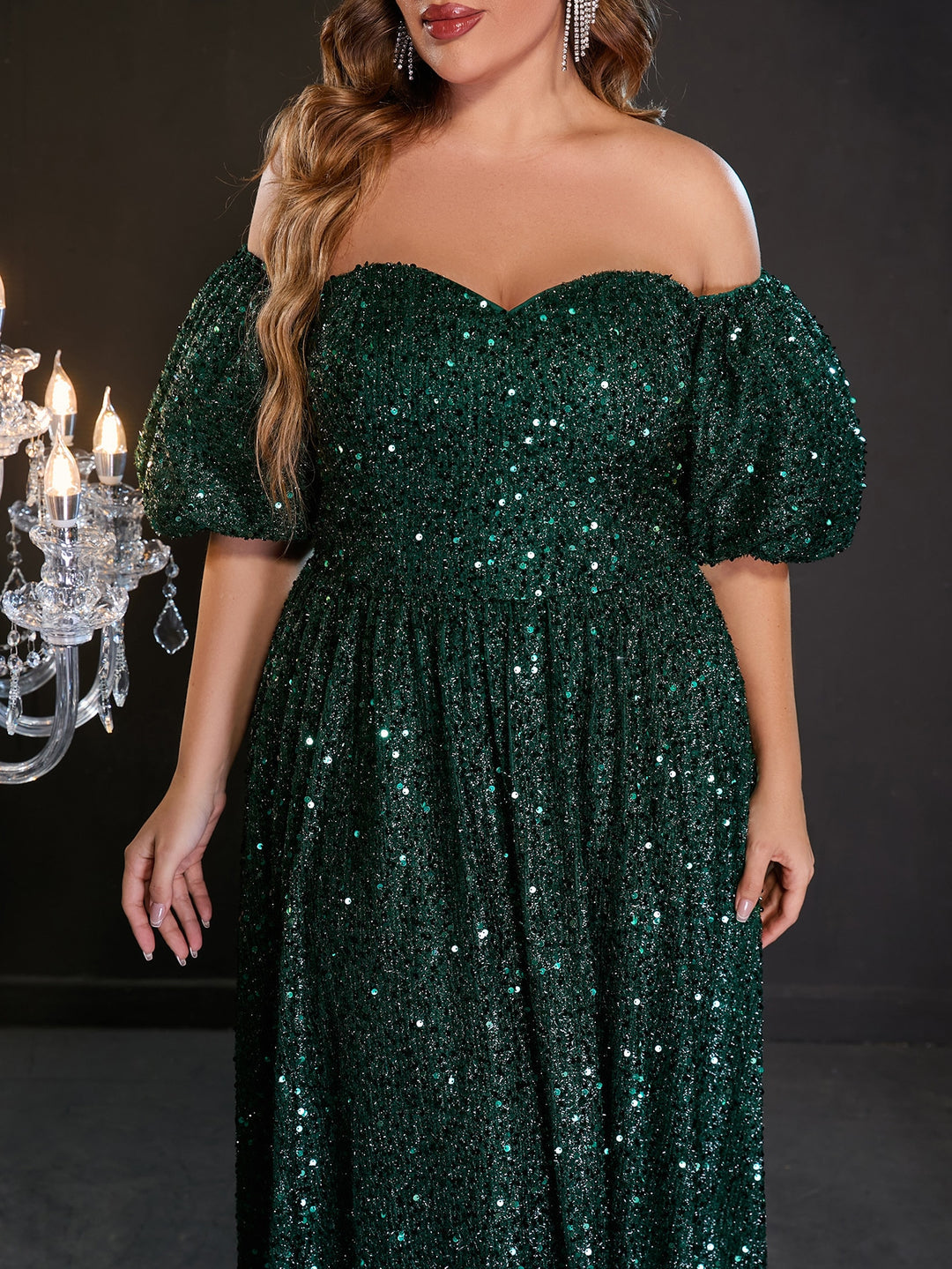 Plus Elegant Off Shoulder Short Sleeve Sequin A Line Dresses