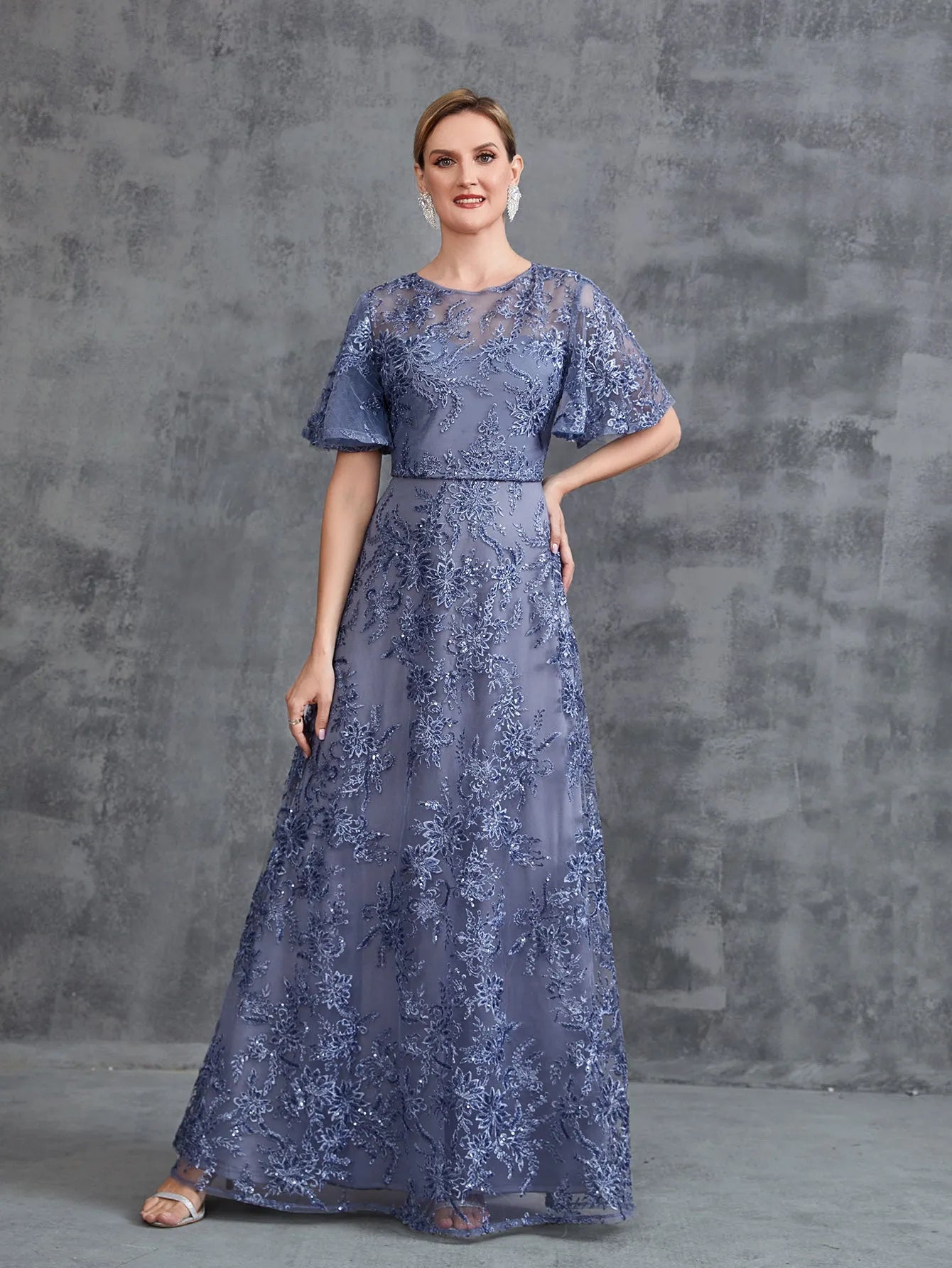 Womens‘ Floral Embroidered Butterfly Sleeves A Line Formal Evening Dress