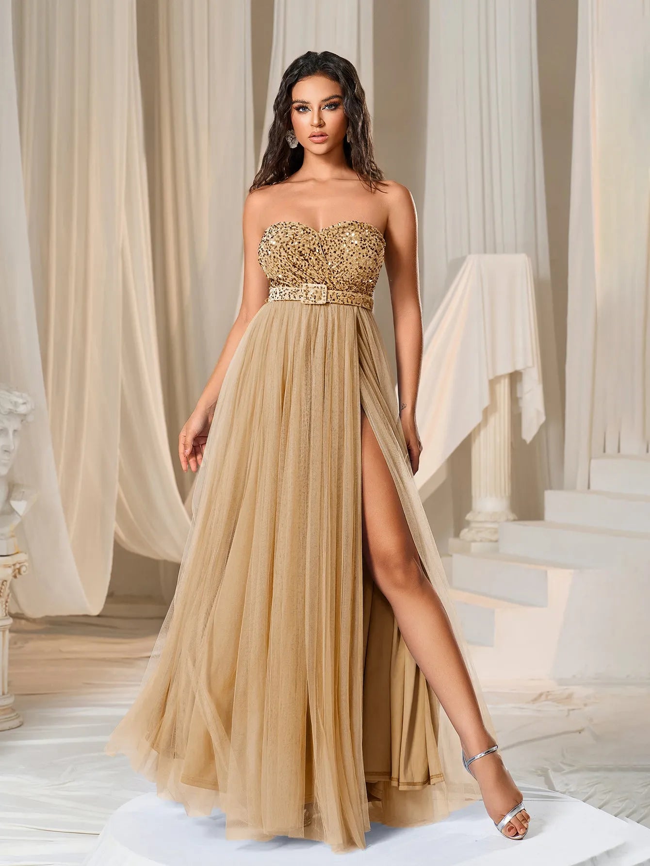 Elegant Strapless Split Thigh A-line Formal Evening Dress