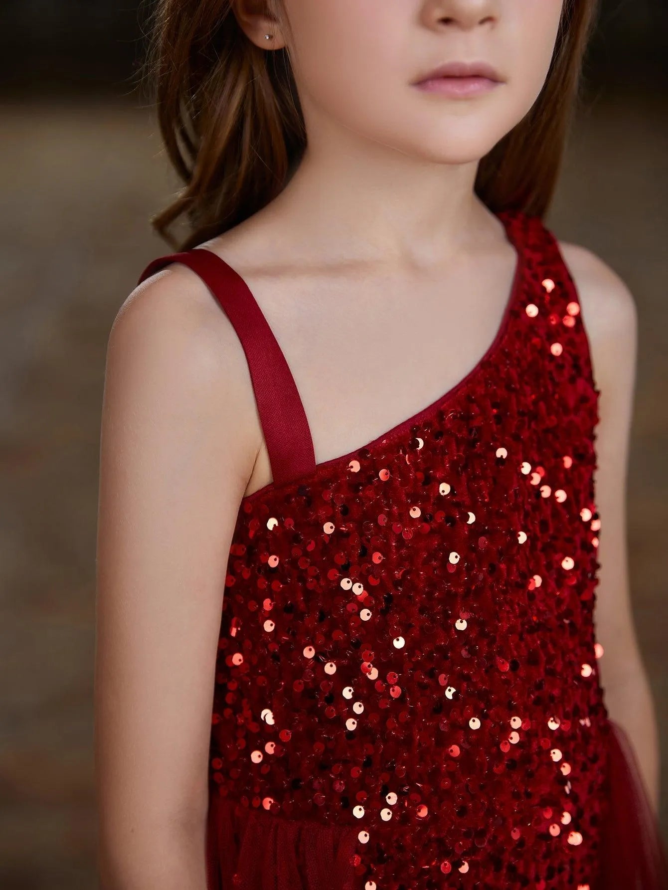 Tween Girls' Asymmetrical Neckline Mesh Overlay Sequin Dress