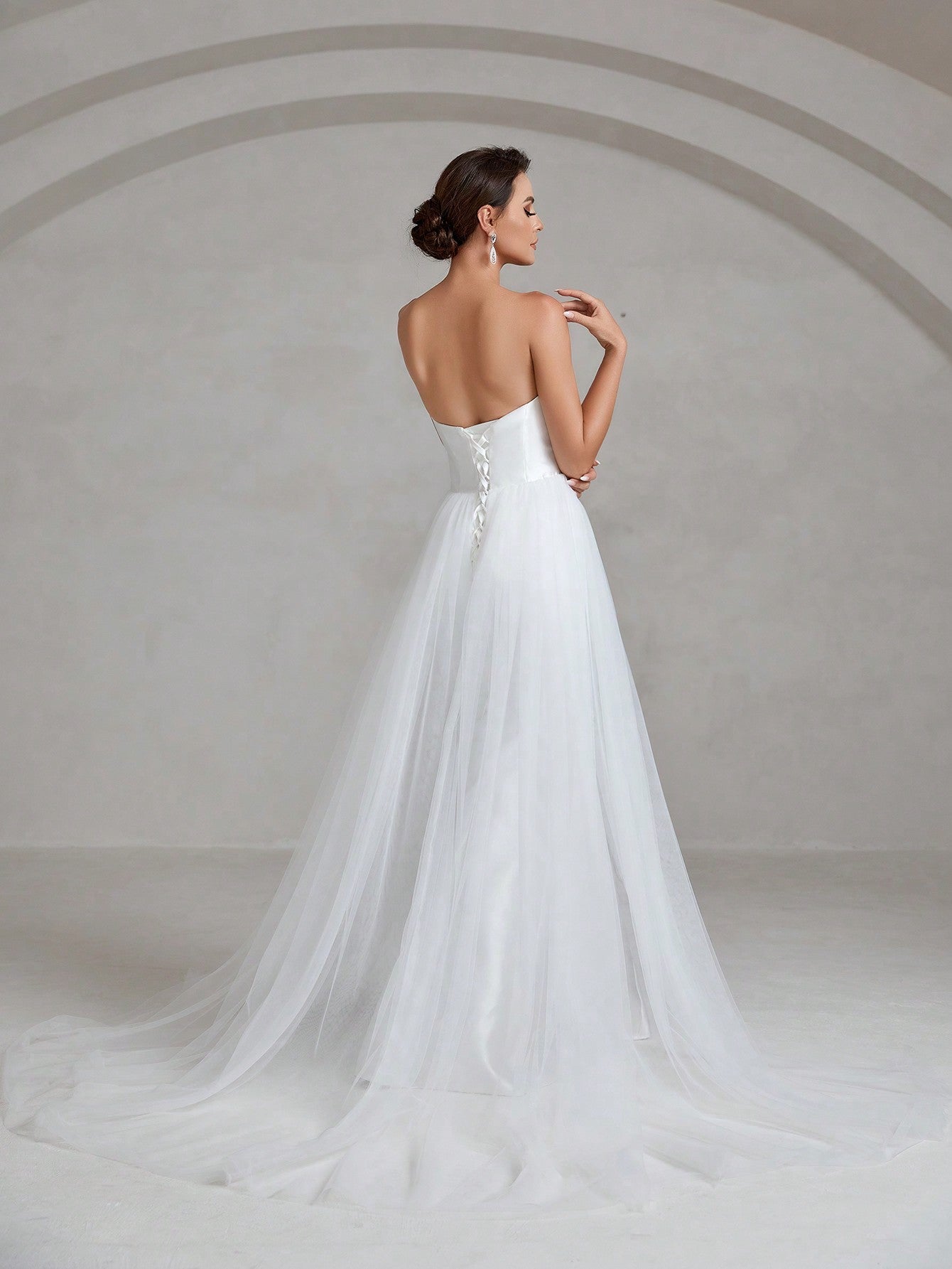 Mesh Overlay Satin Tube Wedding Dress