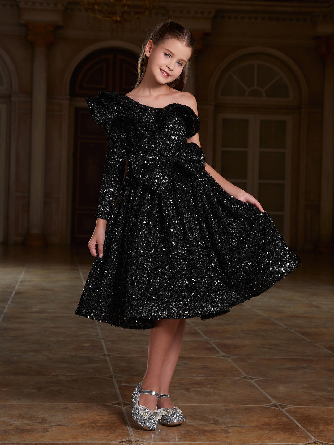 Girl's One Shoulder Layered Ruffle Trim Sequin Party Dress