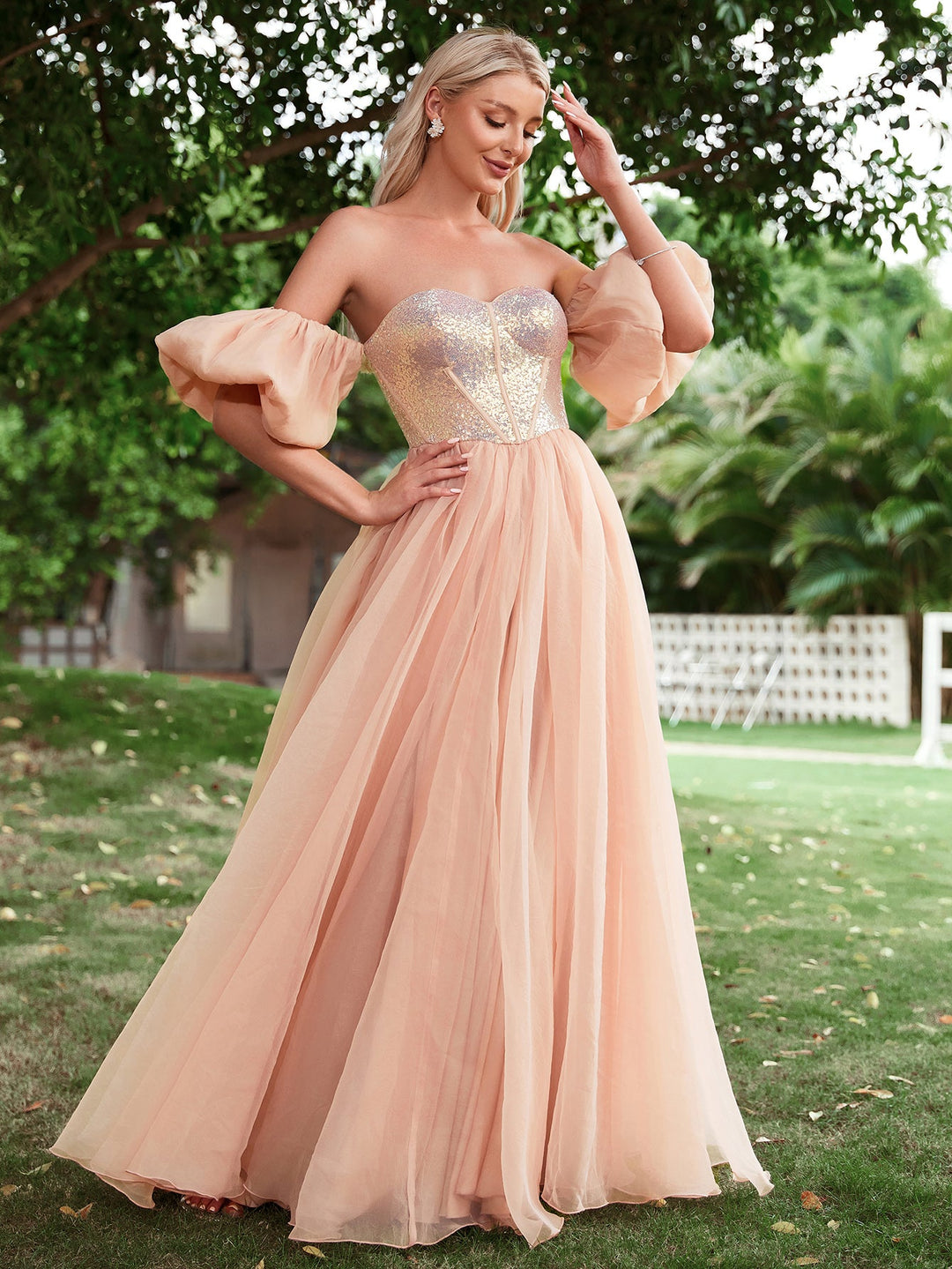 Off Shoulder Lantern Sleeve Sequin Bodice Contrast Organza Hem Dress