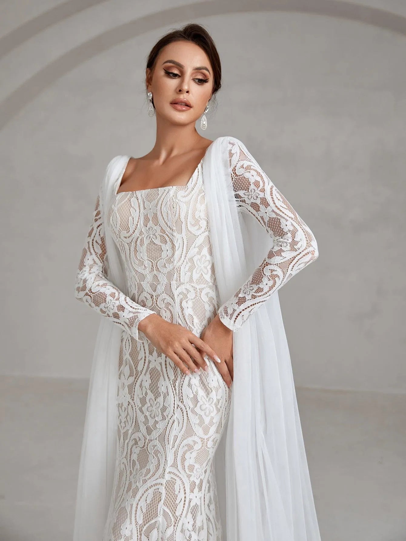 Elegant Square Neck Mermaid Lace Wedding Dress With Cape