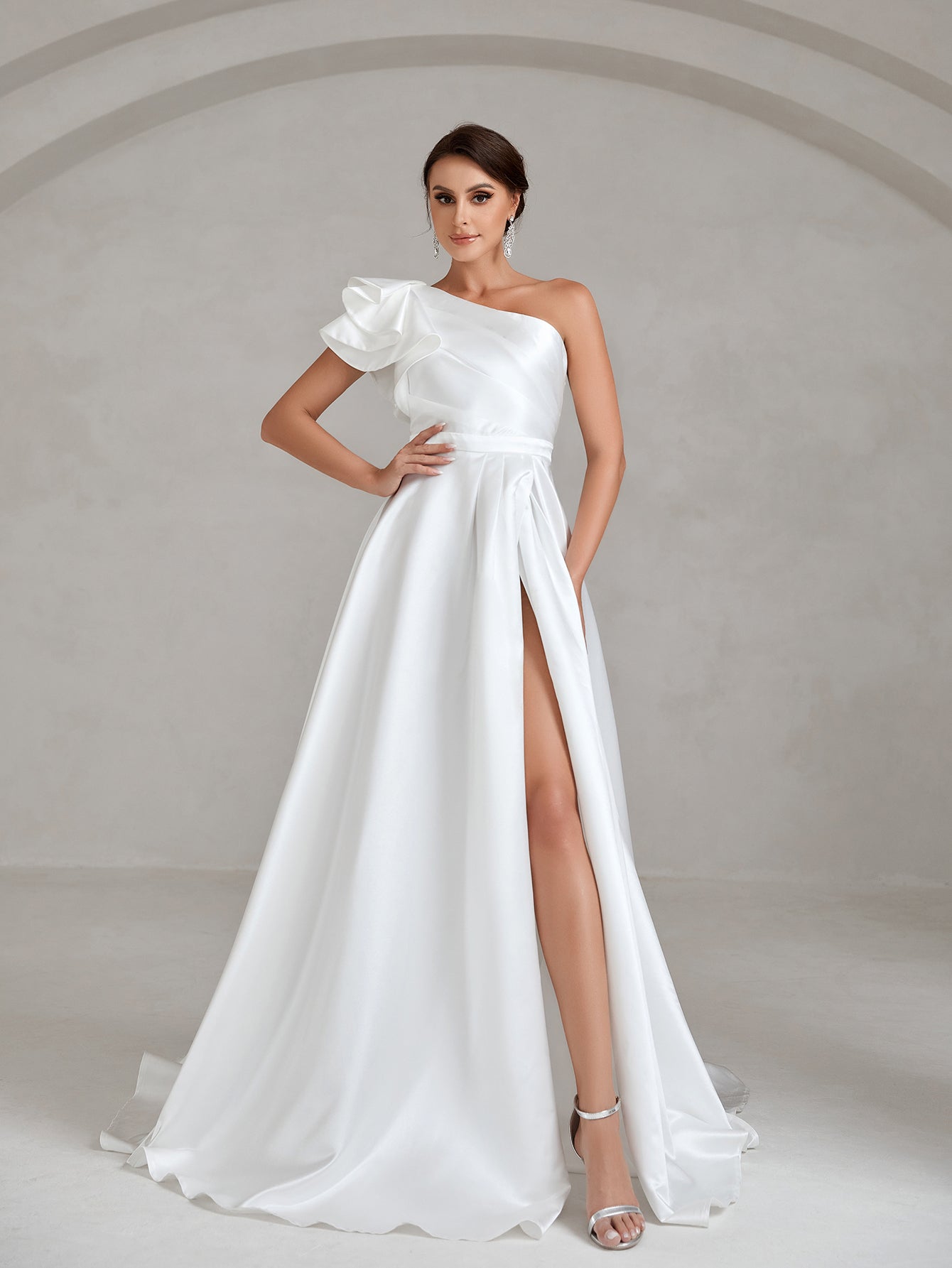 Ruffle Trim One Shoulder Split Thigh Satin A Line Wedding Dress