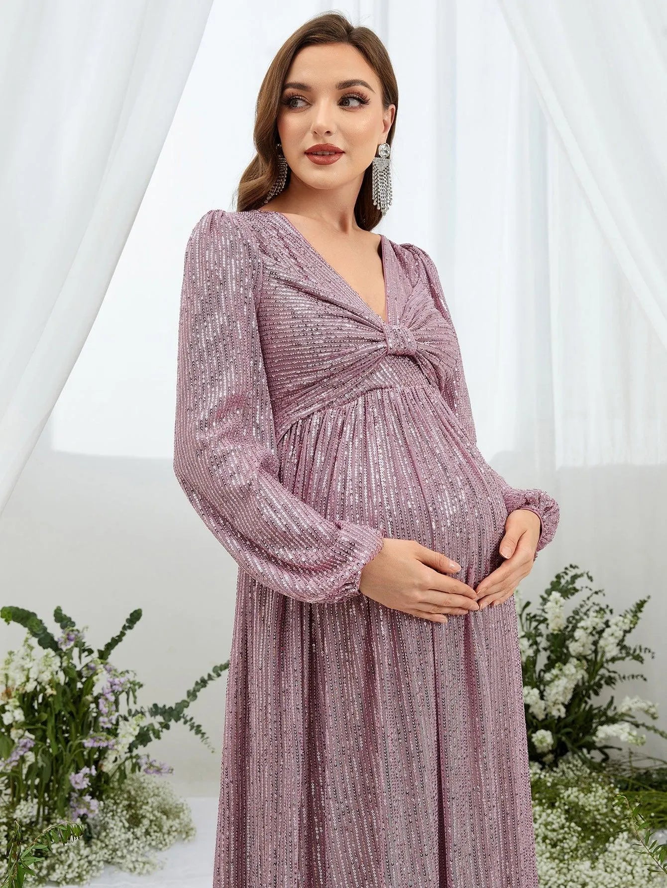 Maternity Ruched Bust Lantern Sleeve Sequin Party Dress