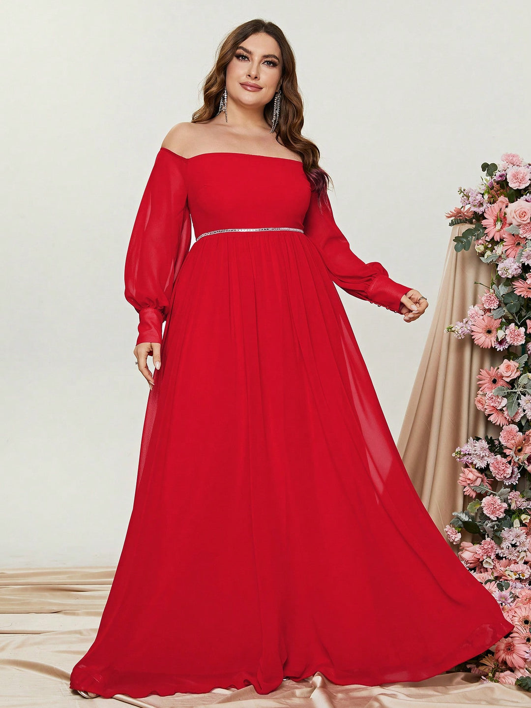 Plus Size Elegant Off Shoulder Long Sleeve Chiffon A Line Dresses