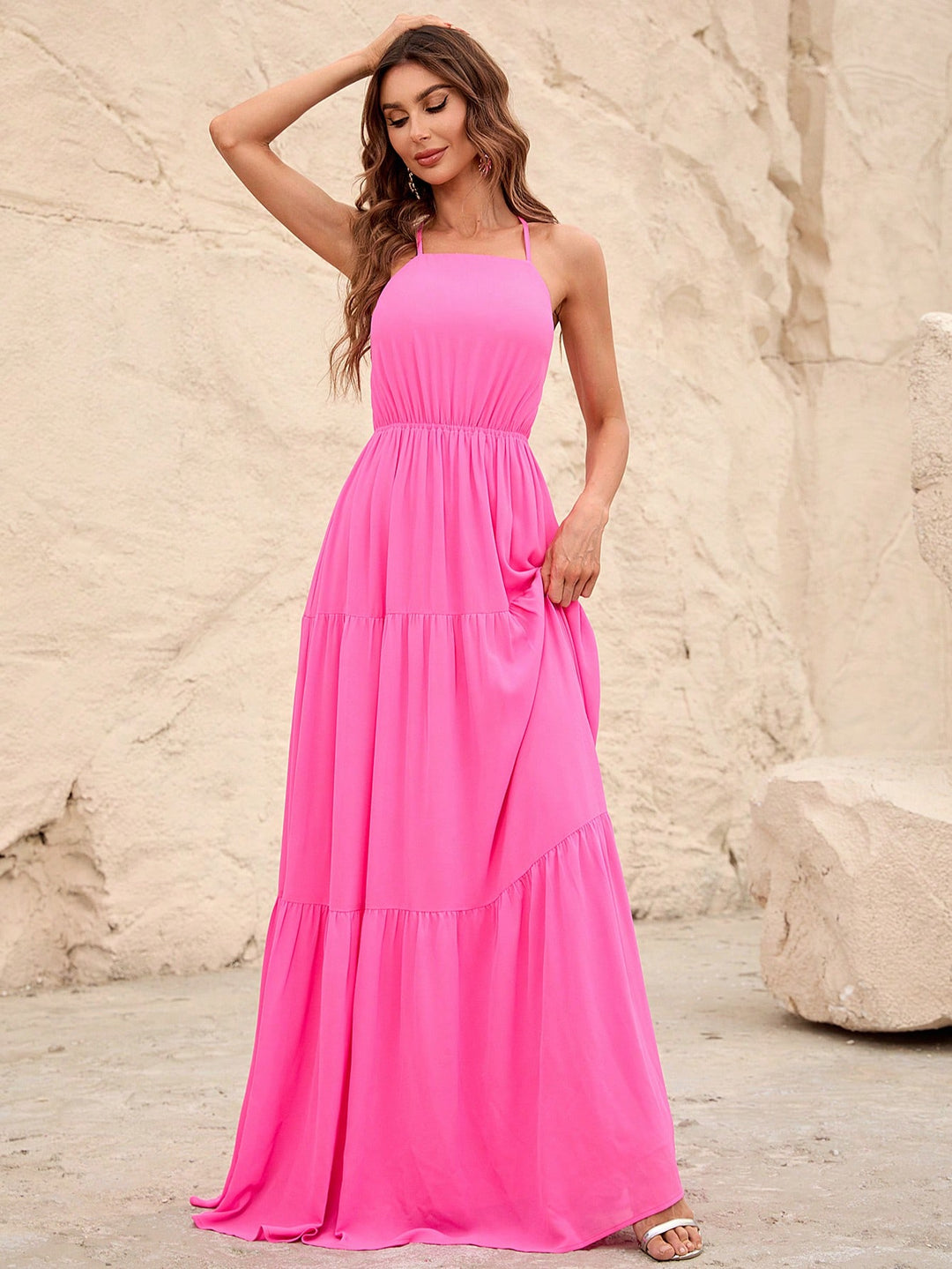 Back Lace Up Chiffon Tiered Maxi Dress