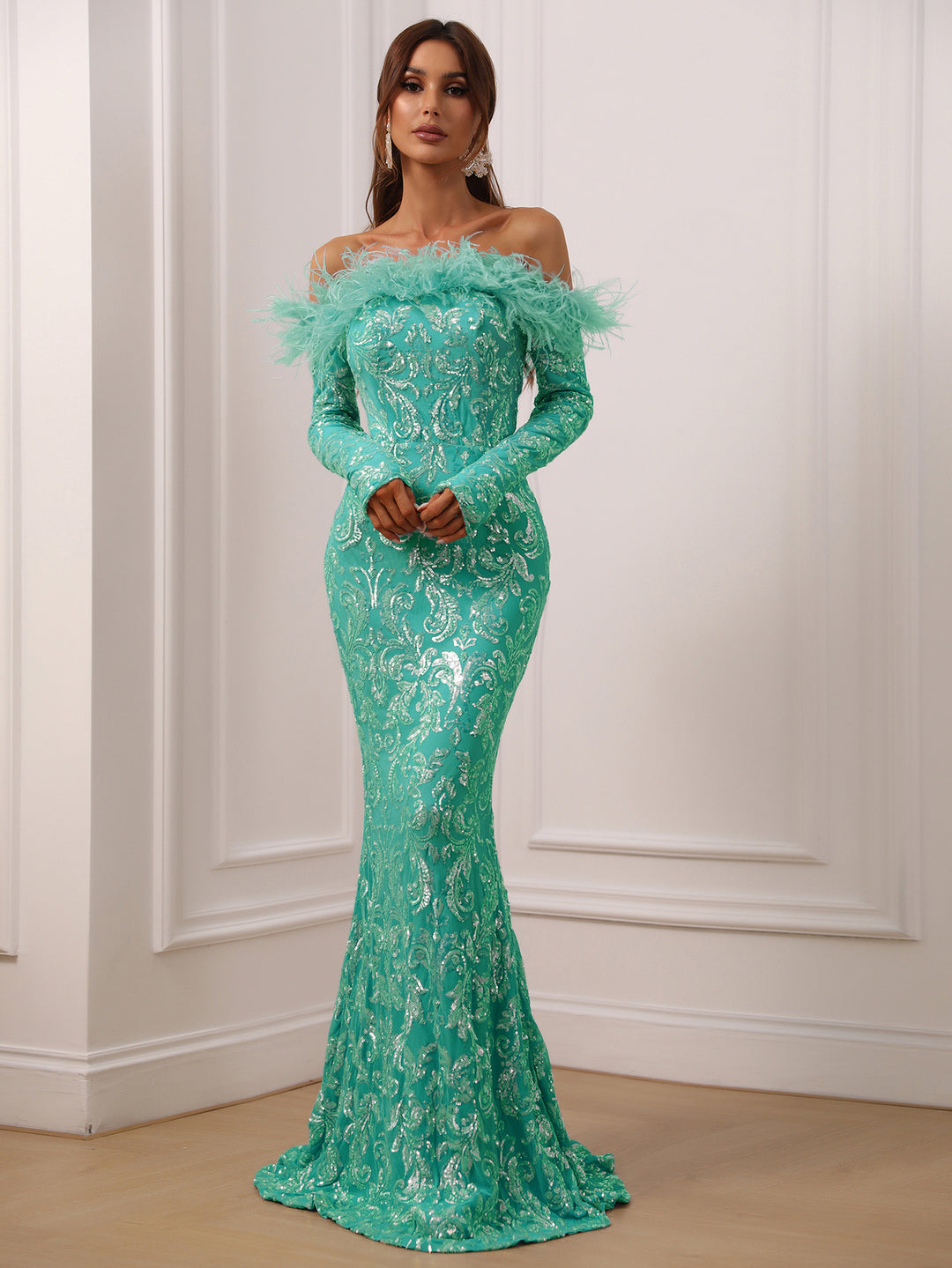 Evening Gown Long Sleeve Prom Dress With Feathers