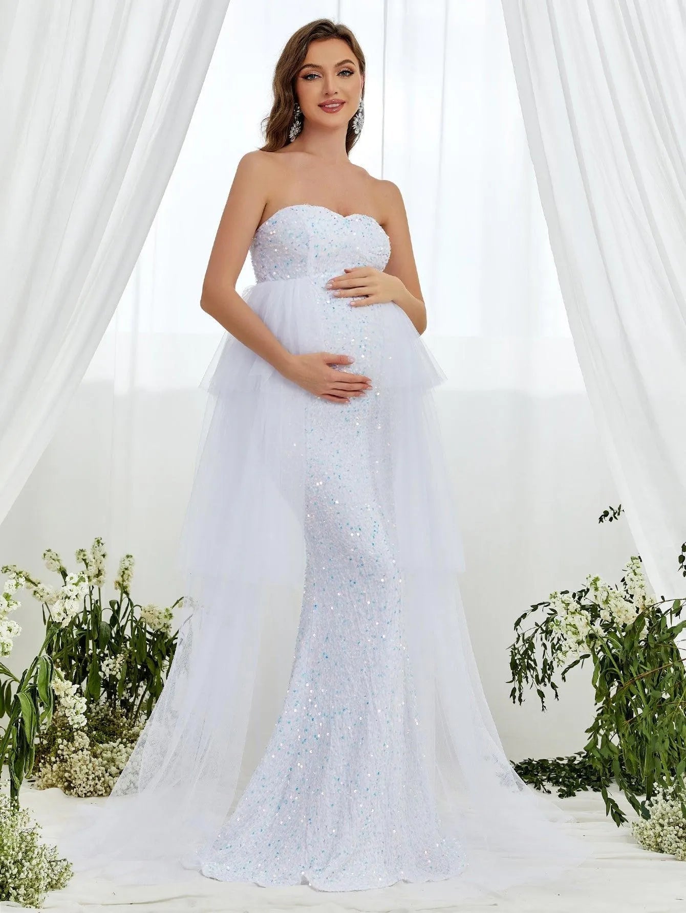 Maternity Mesh Overlay Mermaid Hem Sequin Tube Dress