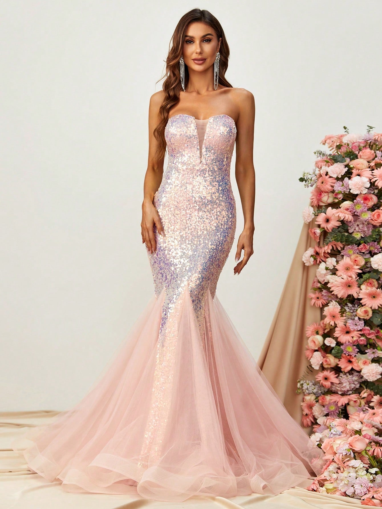 Tube Sleeveless Mesh Insert Sequin Mermaid Dress