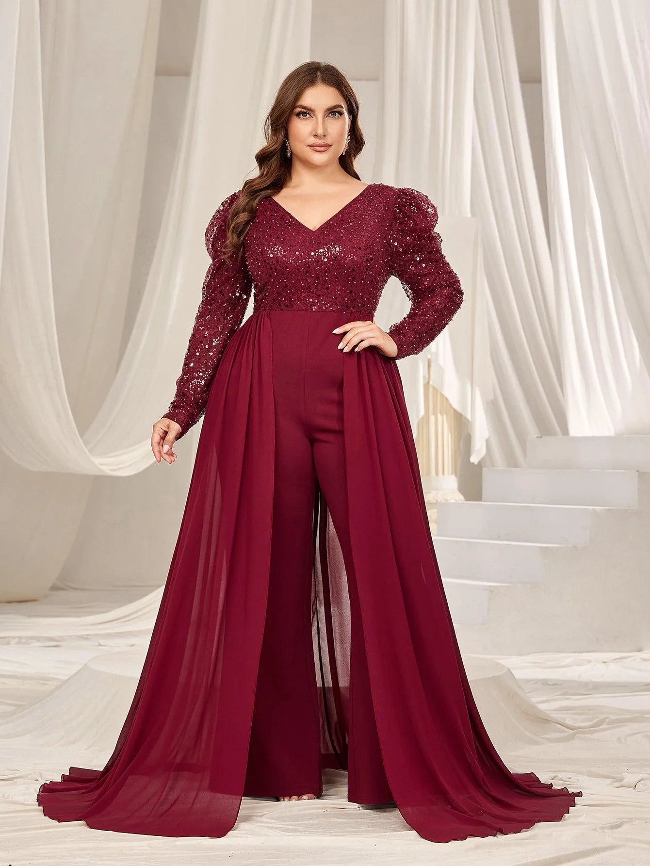 Plus V Neck Gigot Sleeves Sequin Prom Jumpsuit