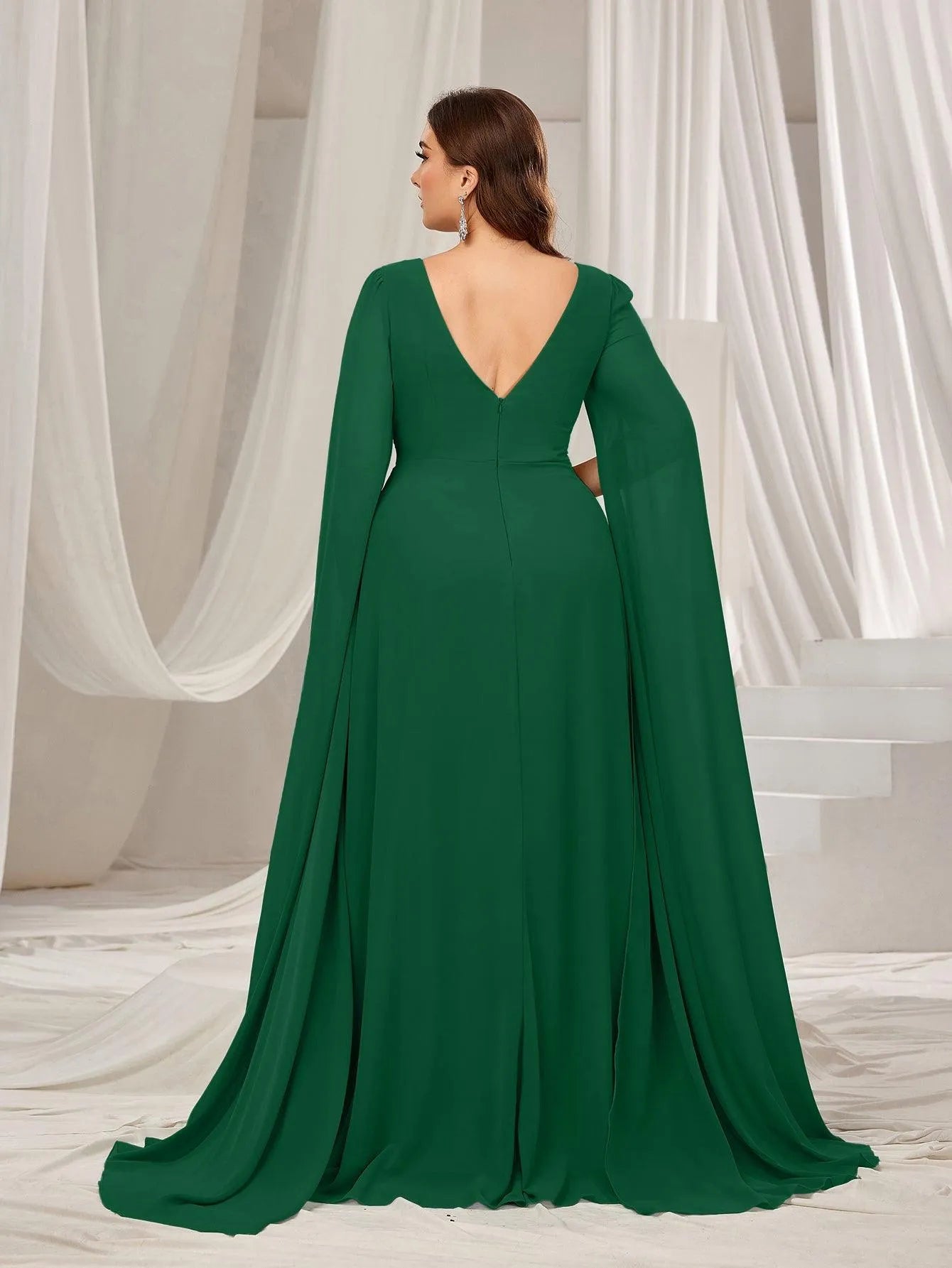 Plus Solid Ruched Front Extra-Long Sleeves Chiffon Prom Dress