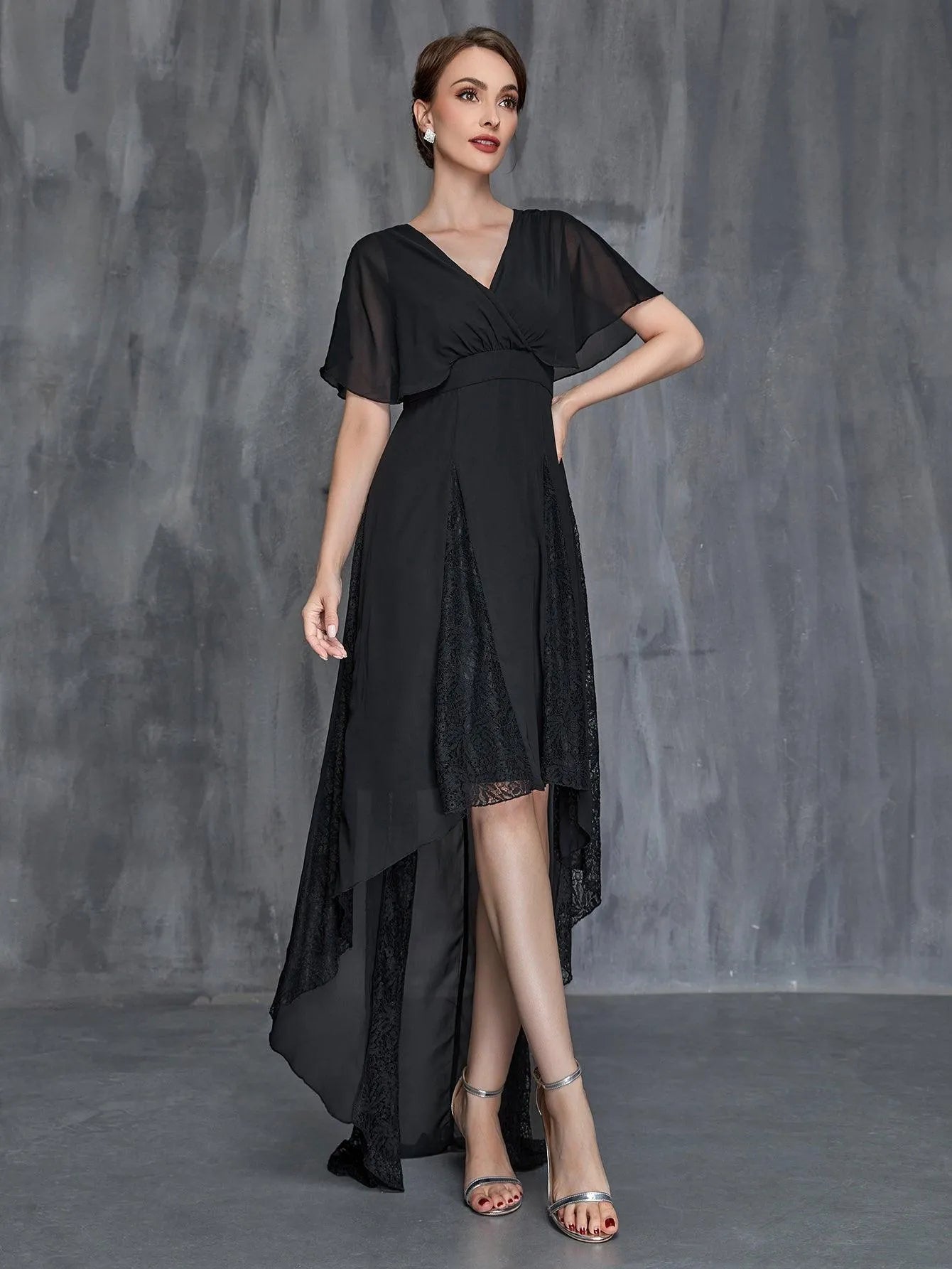 Womens' Surplice Neck High Low Hem Chiffon Dress