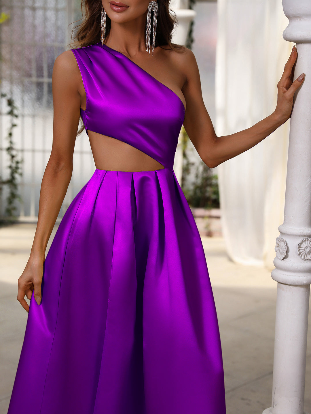 Cut Out One Shoulder Sleeveless Satin A line Dresses