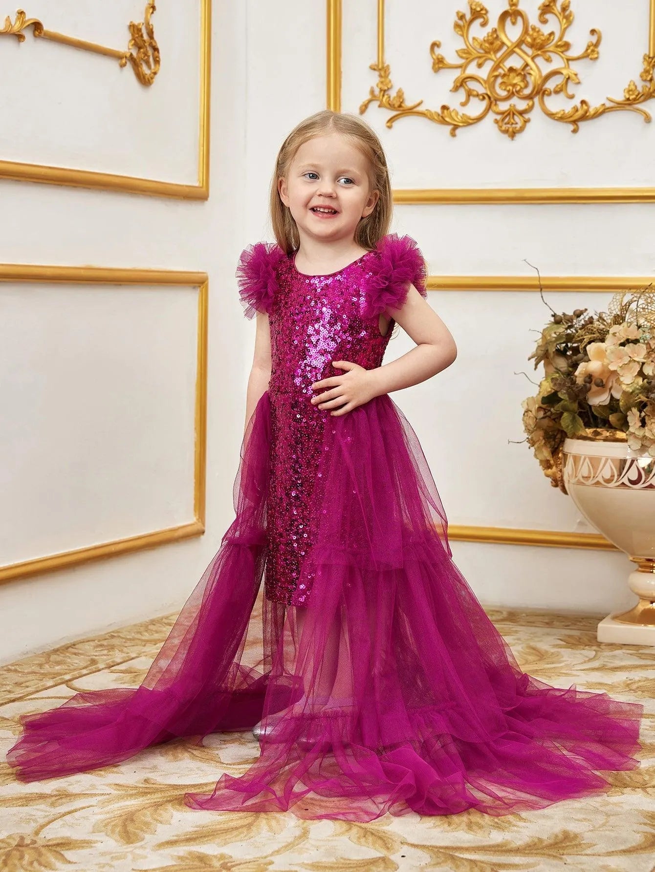 Young Girls' Sleeveless Mesh Layered Hem Sequin Party Dress