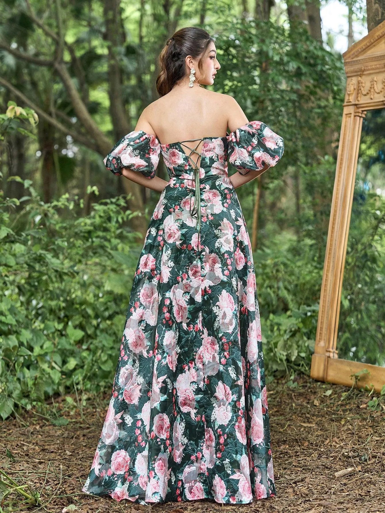 Floral Jacquard Off Shoulder Puff Sleeves Prom Dress