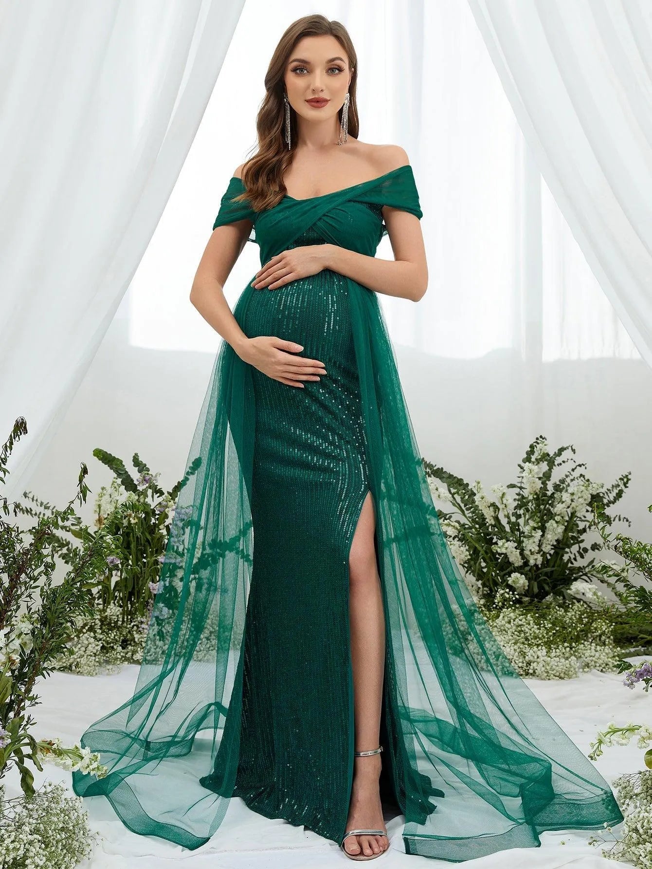 Maternity Off Shoulder Split Sequin Mermaid Dress