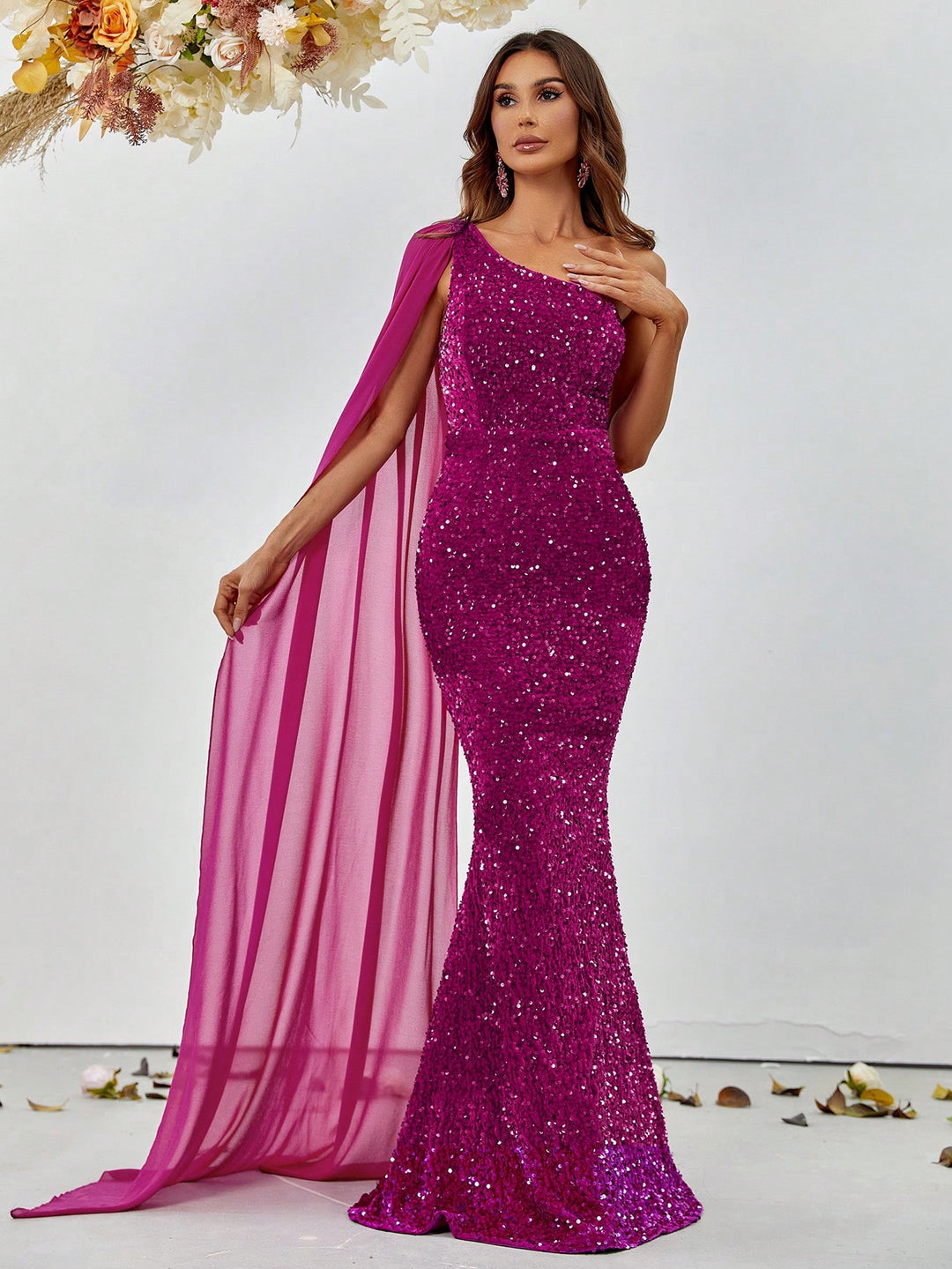 Elegant Sequin One Shoulder Sash Prom Dresses