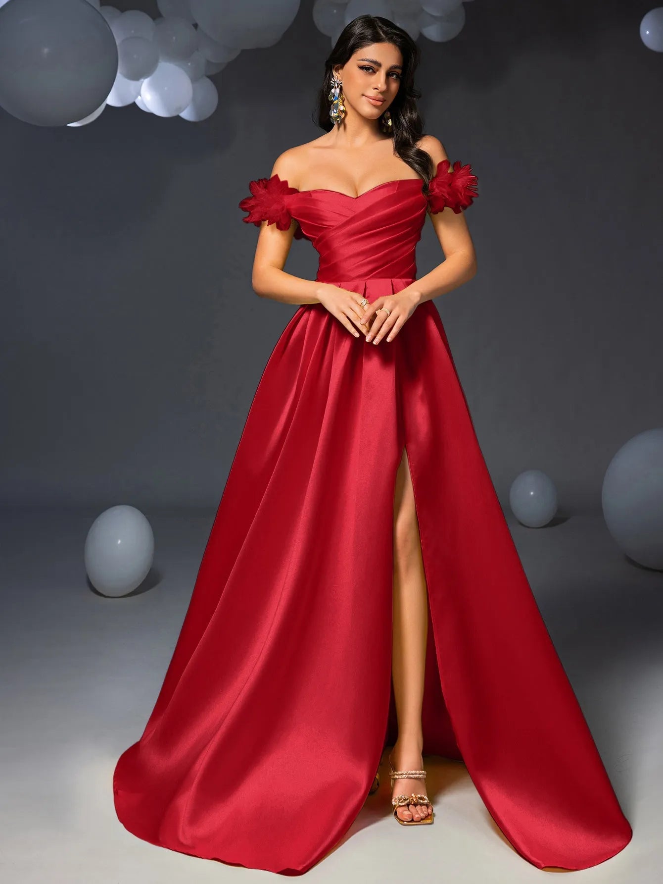 Elegant Off Shoulder Ruched Front Split Satin Prom Dress