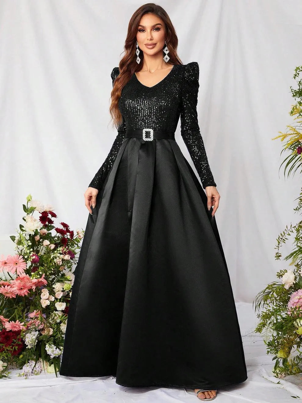 Elegant V Neck Gigot Sleeve Slit A Line Prom Dress