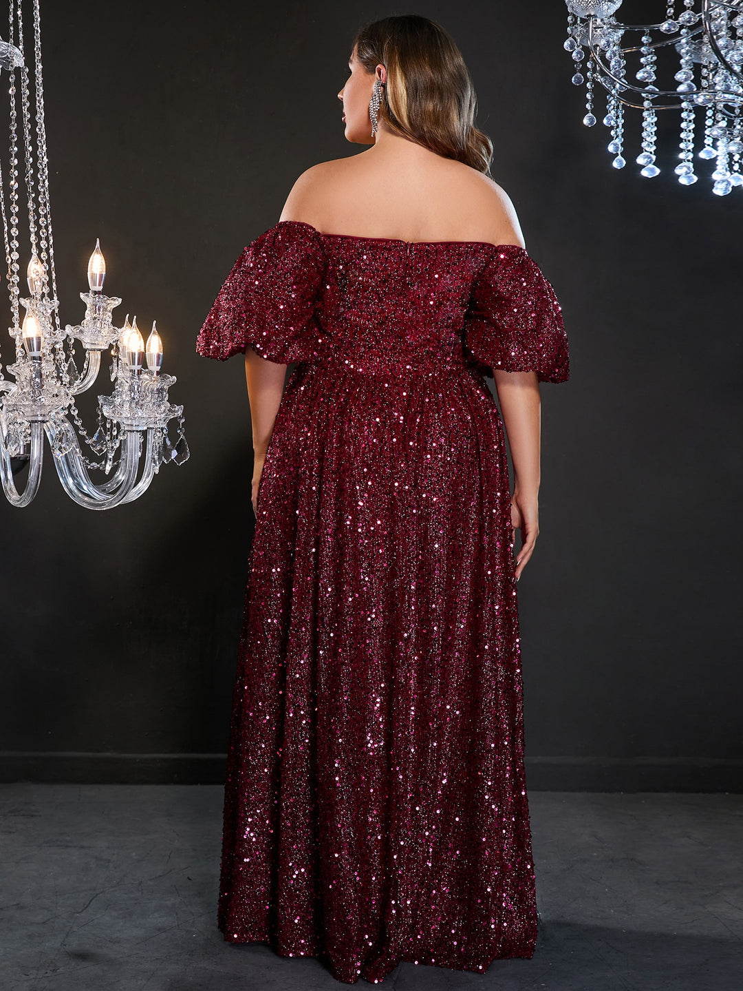 Plus Elegant Off Shoulder Short Sleeve Sequin A Line Dresses