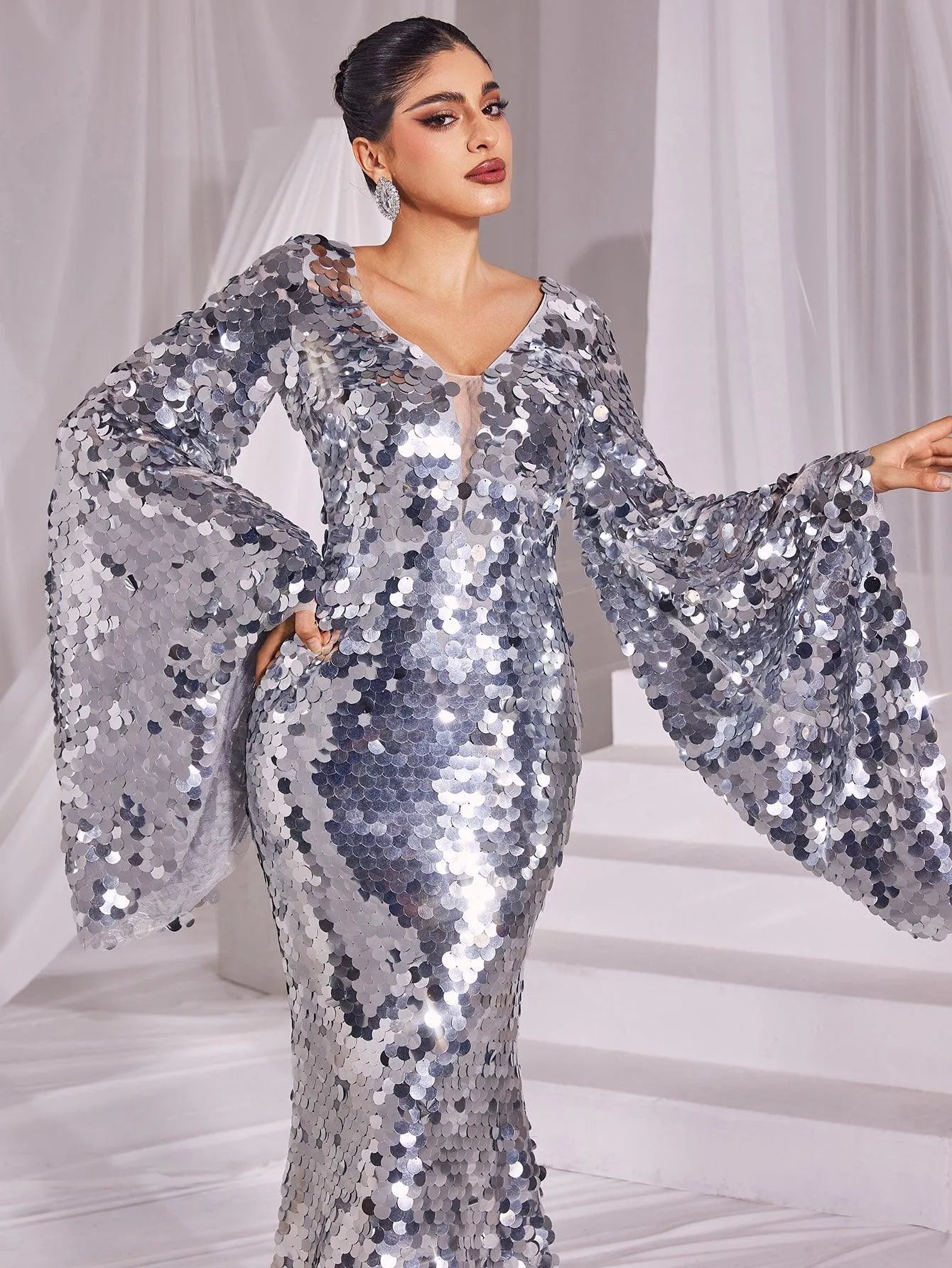 Plunging Neck Flared Sleeves Sequin Mermaid Dress