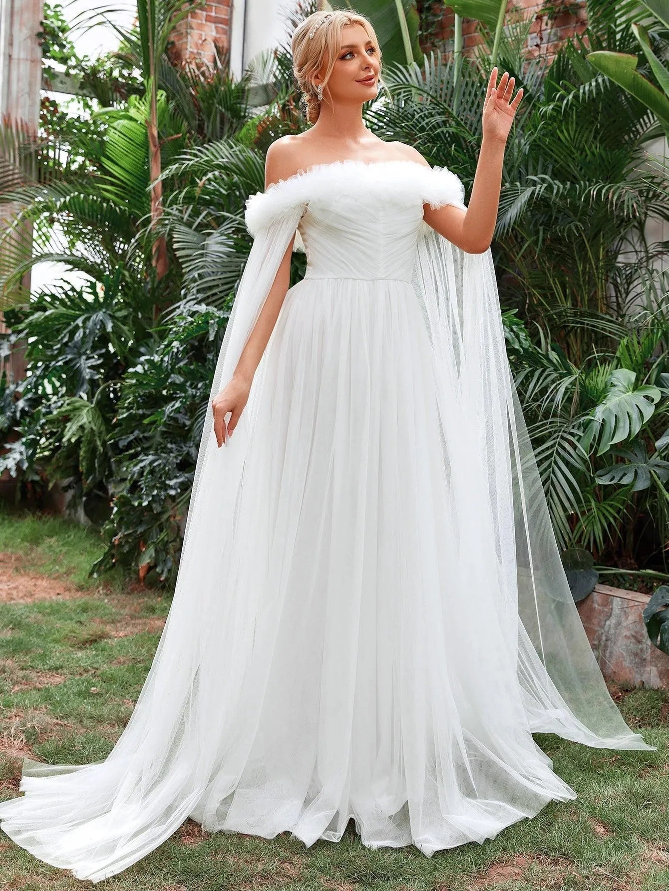 Off Shoulder Ruched Front Cloak Sleeve Mesh Wedding Dress