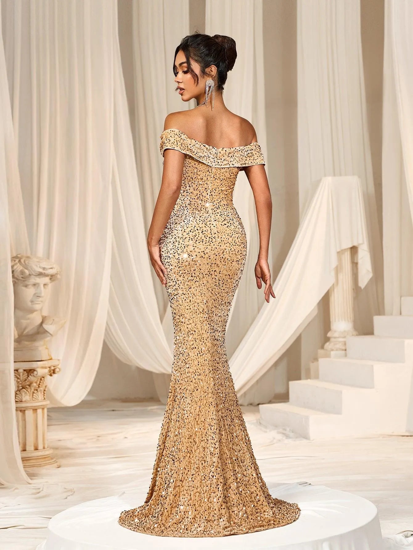 Elegant Off Shoulder Split Sequin Mermaid Dress