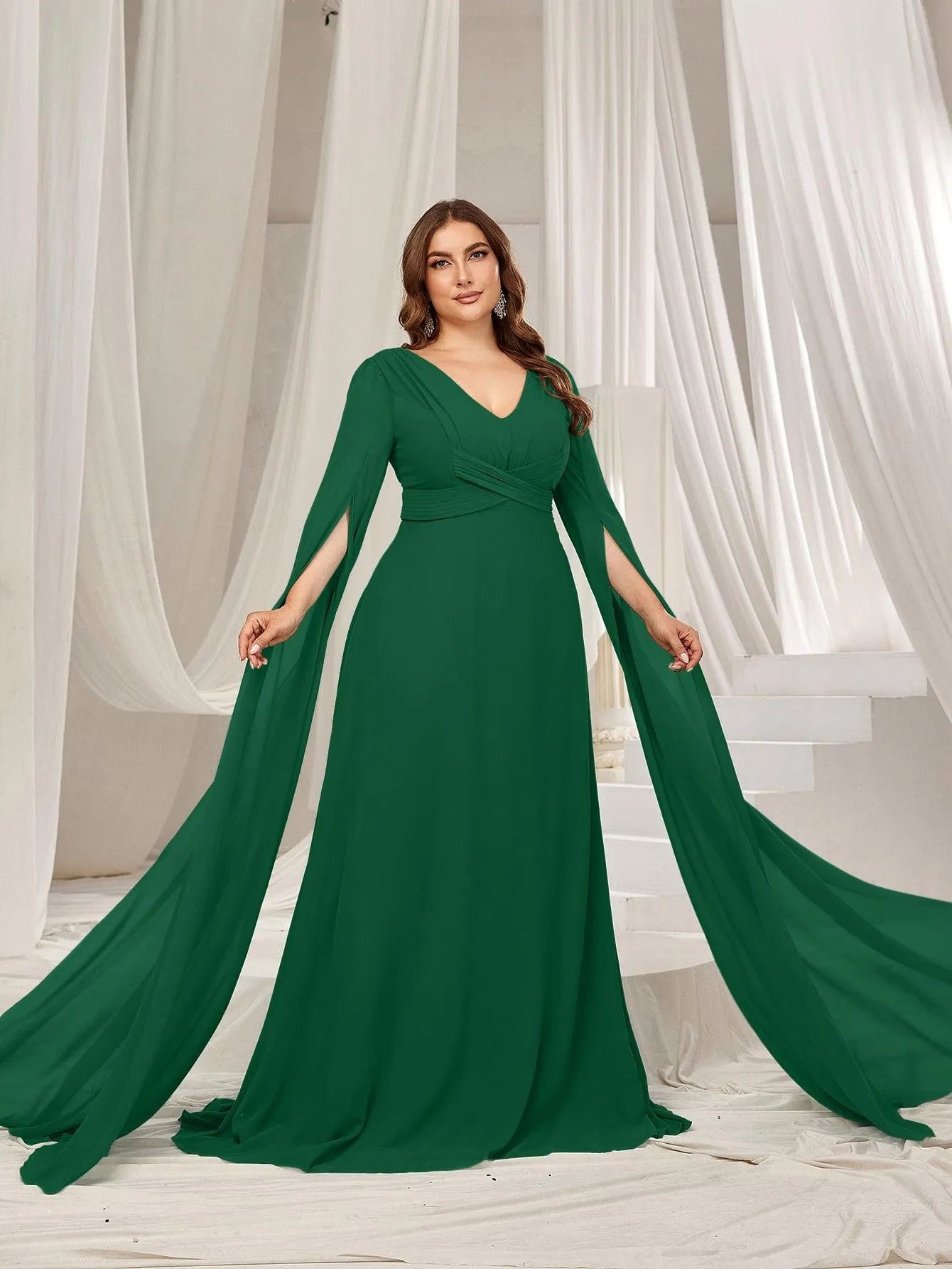 Plus Solid Ruched Front Extra-Long Sleeves Chiffon Prom Dress