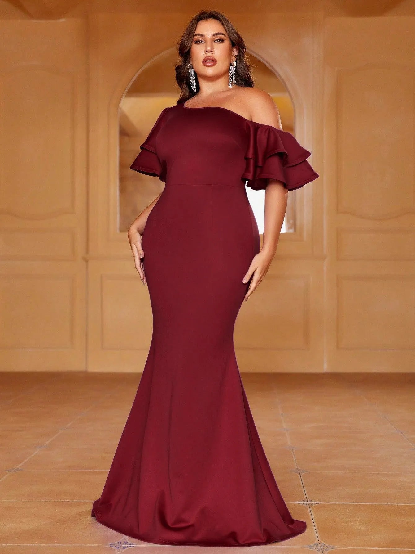 Plus Ruffled Sleeves Mermaid Evening Dress